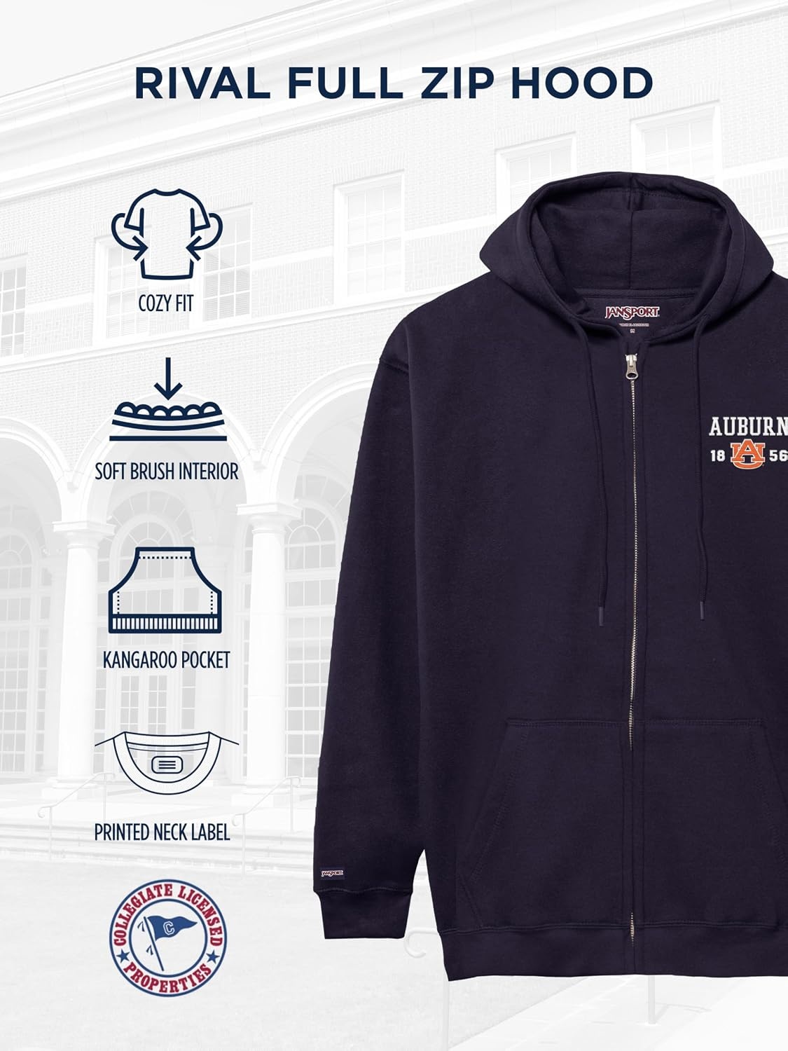 image:imageJanSport NCAA Officially Licensed Rival Full Zip Hoodie Long Sleeve Unisex Sweatshirt DoubleLayered Fleece HoodAuburn Tigers