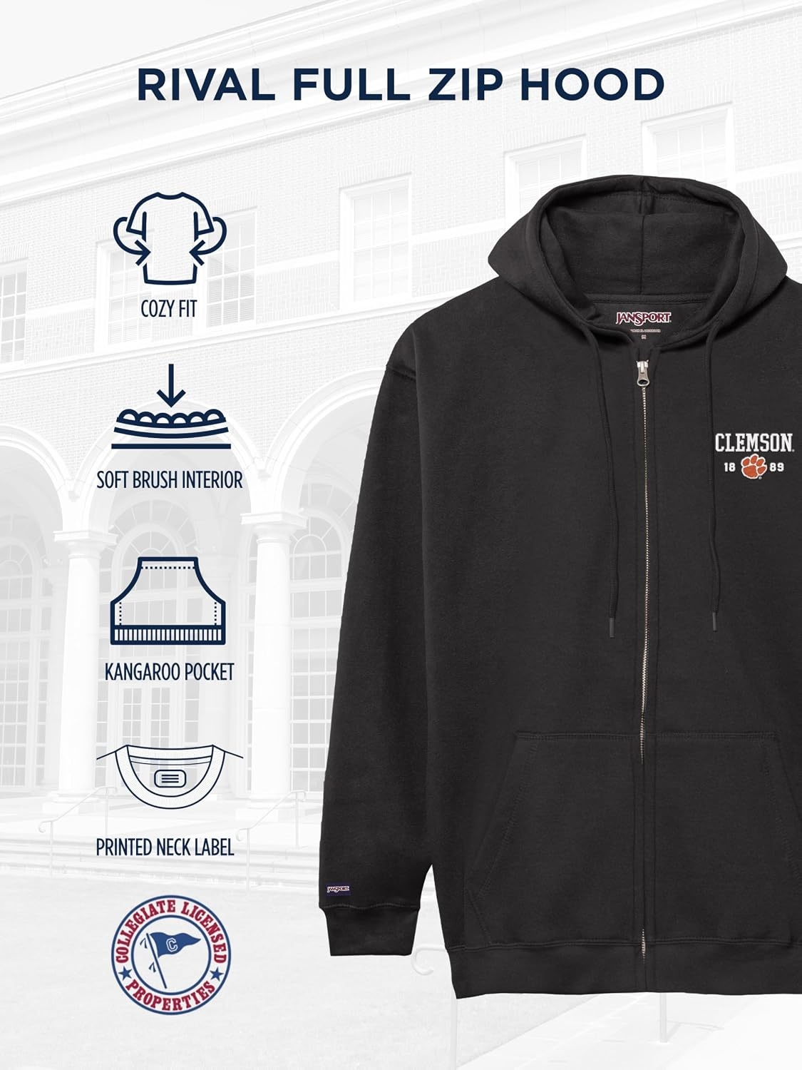 image:imageJanSport NCAA Officially Licensed Rival Full Zip Hoodie Long Sleeve Unisex Sweatshirt DoubleLayered Fleece HoodClemson Tigers