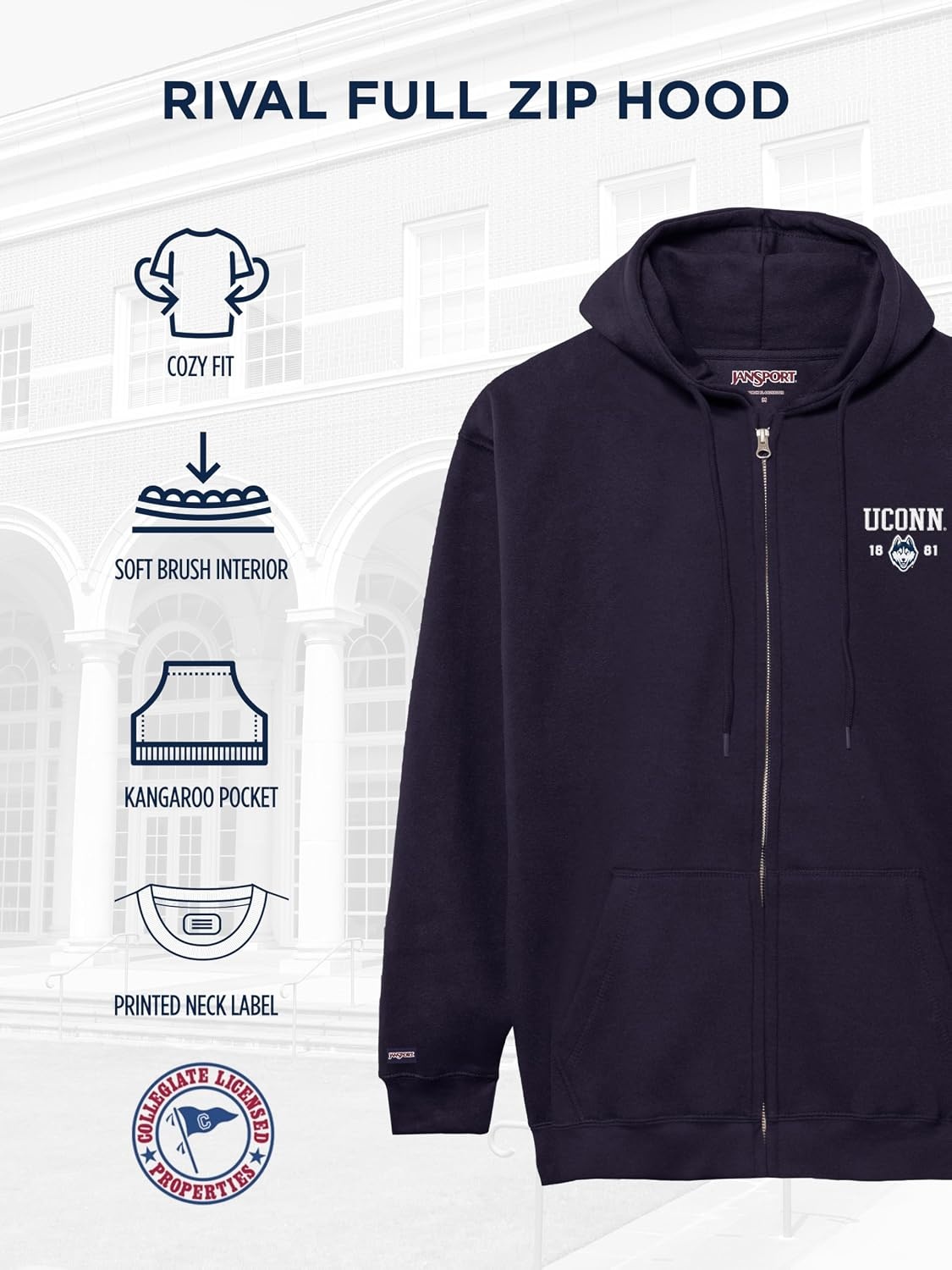 image:imageJanSport NCAA Officially Licensed Rival Full Zip Hoodie Long Sleeve Unisex Sweatshirt DoubleLayered Fleece HoodConnecticut Huskies