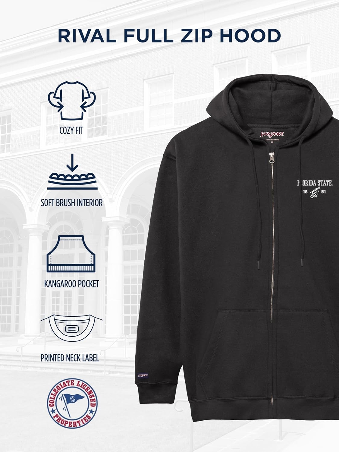 image:imageJanSport NCAA Officially Licensed Rival Full Zip Hoodie Long Sleeve Unisex Sweatshirt DoubleLayered Fleece HoodFlorida State Seminoles