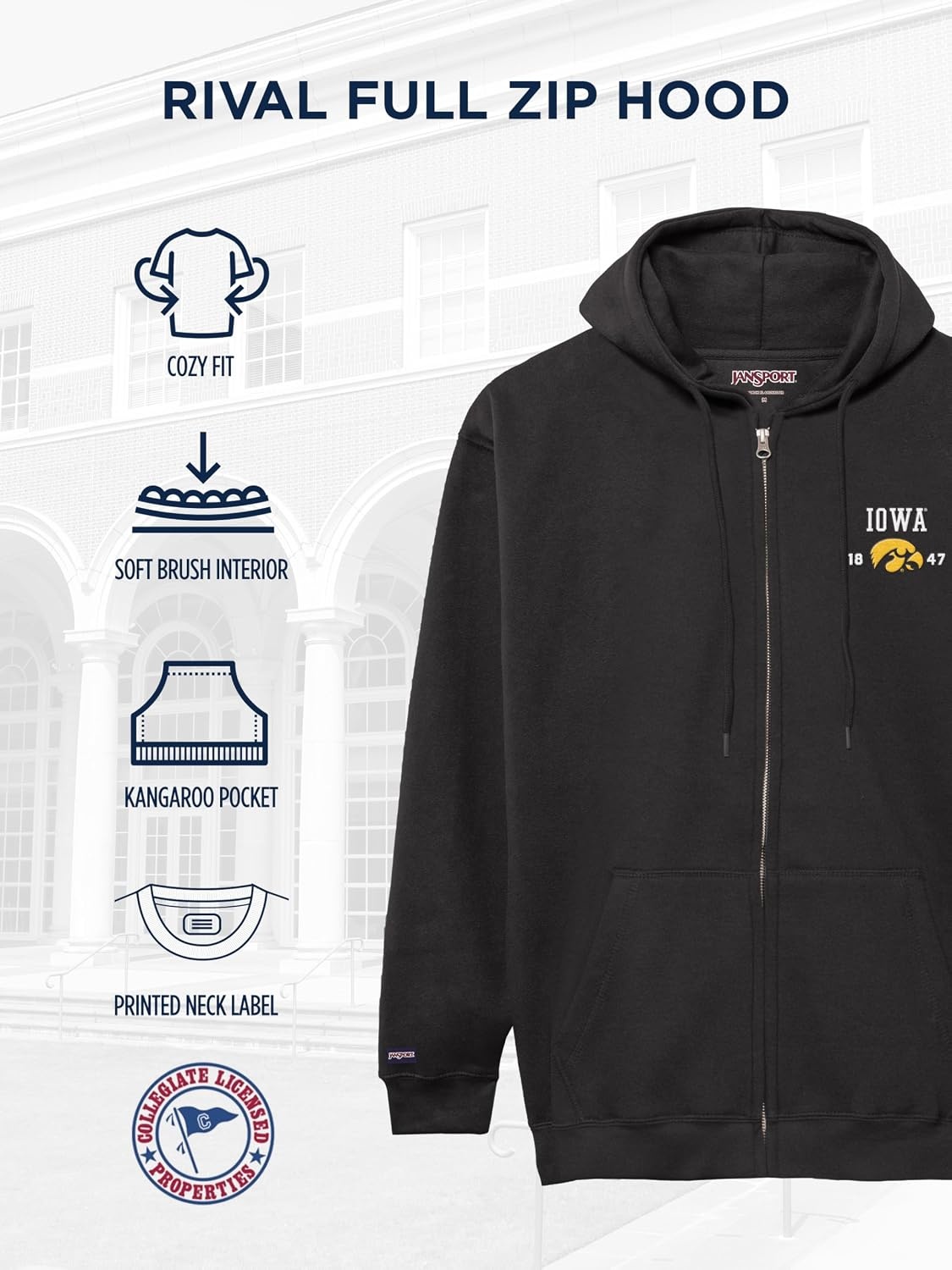 image:imageJanSport NCAA Officially Licensed Rival Full Zip Hoodie Long Sleeve Unisex Sweatshirt DoubleLayered Fleece HoodIowa Hawkeyes