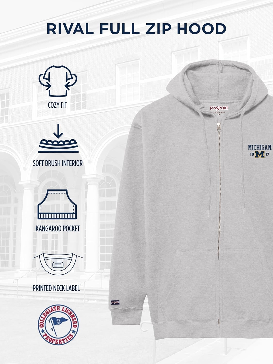 image:imageJanSport NCAA Officially Licensed Rival Full Zip Hoodie Long Sleeve Unisex Sweatshirt DoubleLayered Fleece HoodMichigan Wolverines