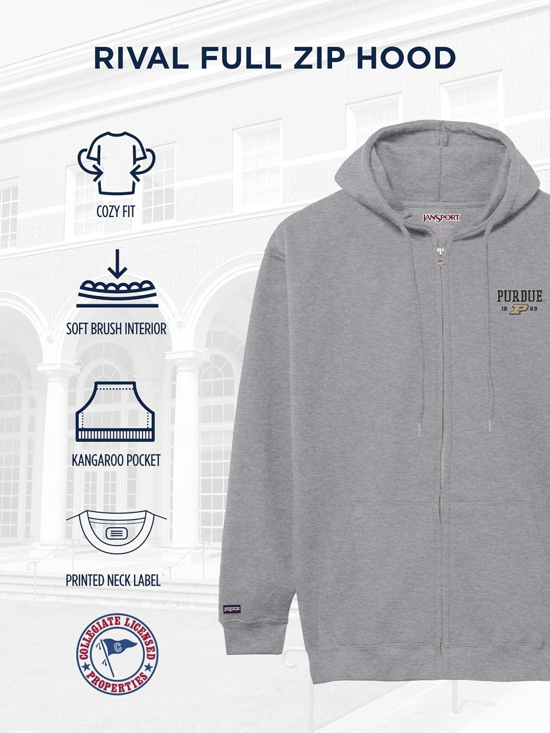 image:imageJanSport NCAA Officially Licensed Rival Full Zip Hoodie Long Sleeve Unisex Sweatshirt DoubleLayered Fleece HoodPurdue Boilermakers