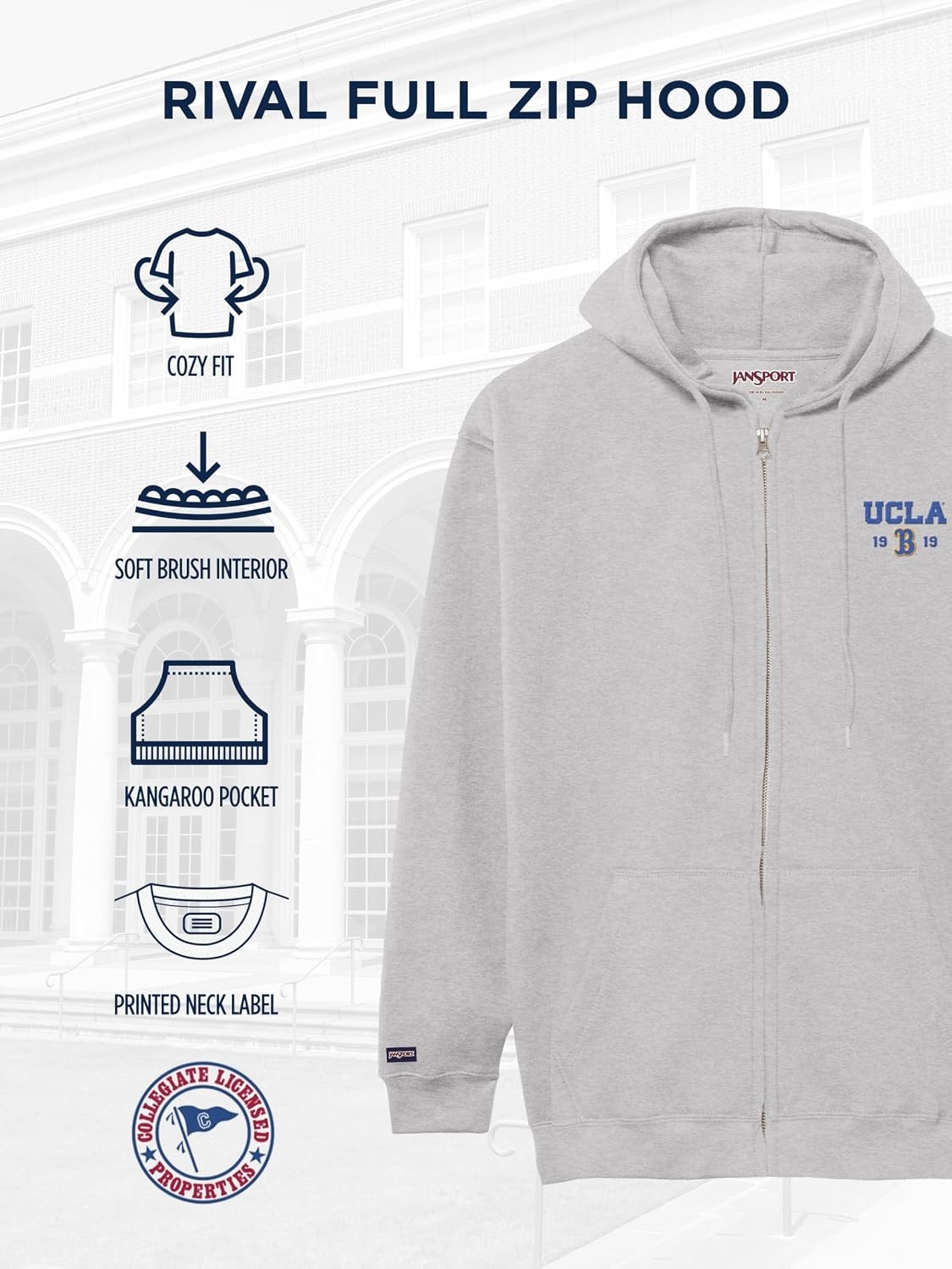 image:imageJanSport NCAA Officially Licensed Rival Full Zip Hoodie Long Sleeve Unisex Sweatshirt DoubleLayered Fleece HoodUCLA Bruins