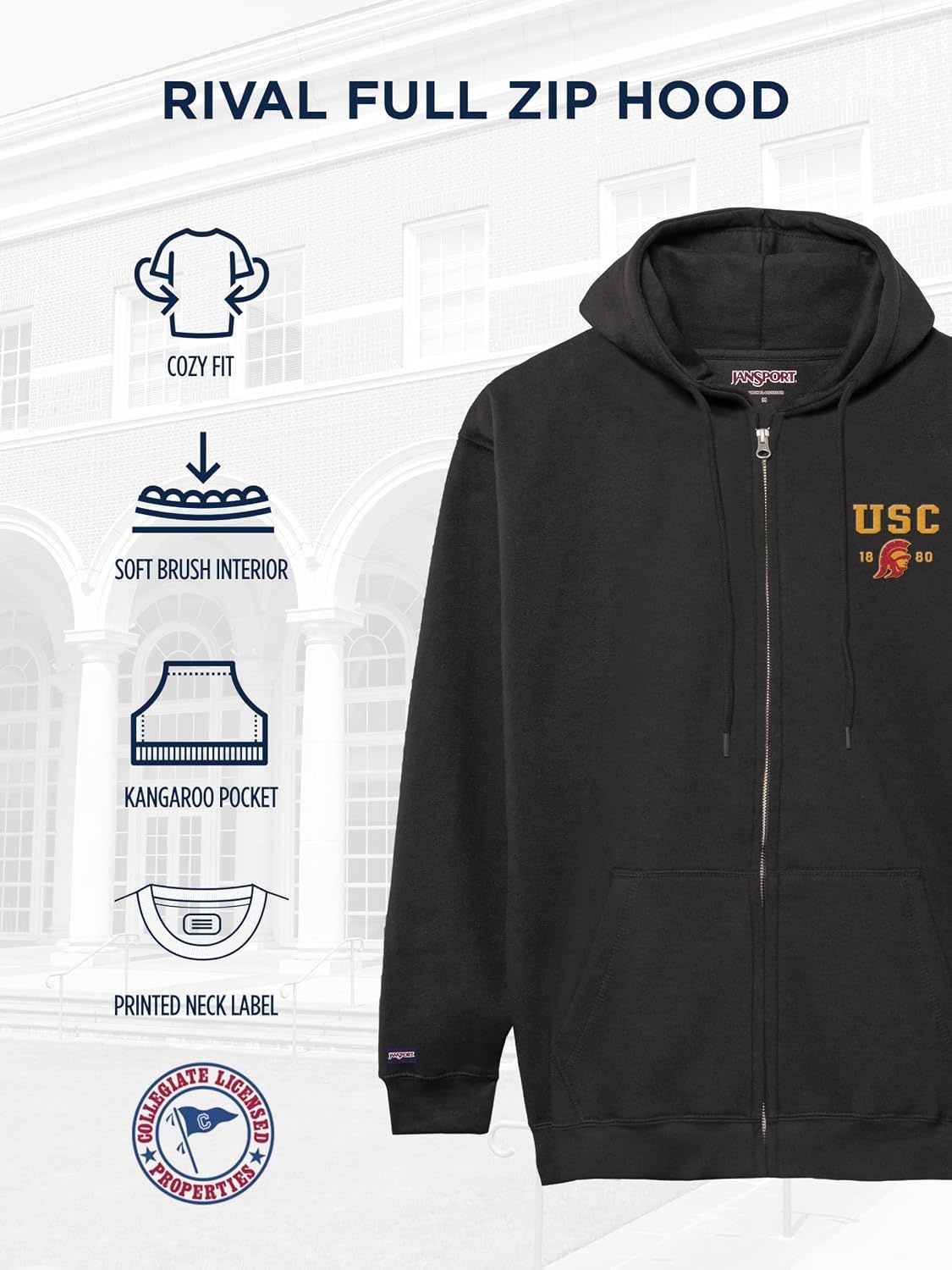 image:imageJanSport NCAA Officially Licensed Rival Full Zip Hoodie Long Sleeve Unisex Sweatshirt DoubleLayered Fleece HoodUSC Trojans