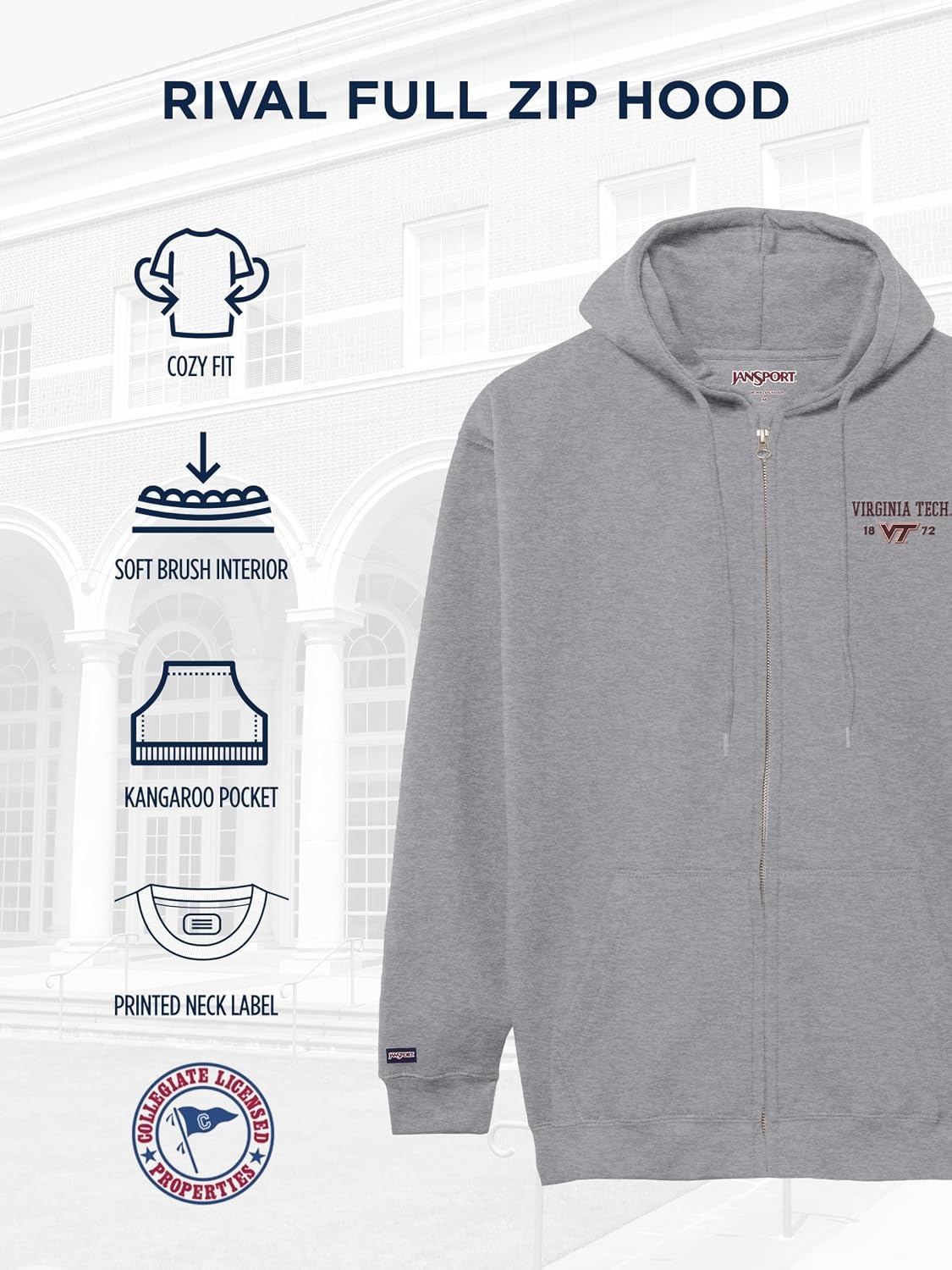 image:imageJanSport NCAA Officially Licensed Rival Full Zip Hoodie Long Sleeve Unisex Sweatshirt DoubleLayered Fleece HoodVirginia Tech Hokies
