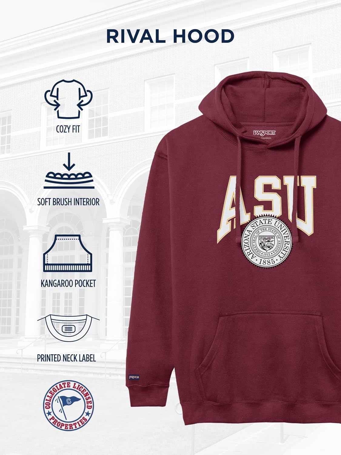 image:imageJanSport NCAA Officially Licensed Rival Hoodie Long Sleeve Unisex Sweatshirt CottonPolyester Blend DoubleLayered HoodArizona State Sun Devils