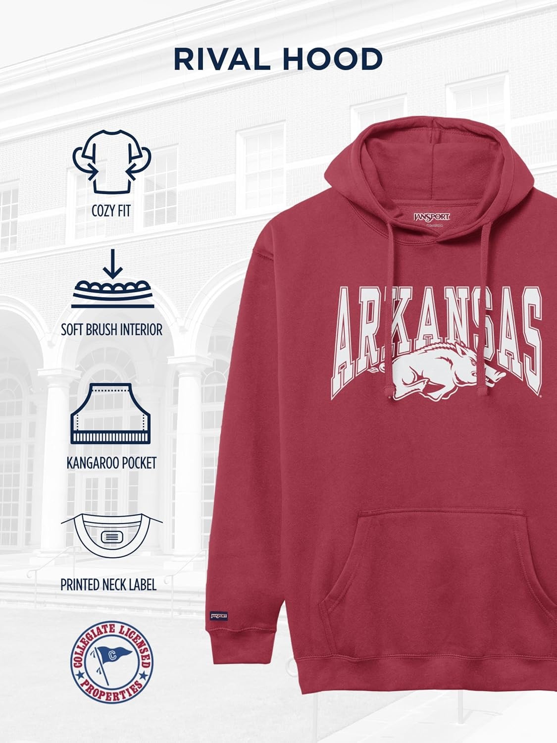 image:imageJanSport NCAA Officially Licensed Rival Hoodie Long Sleeve Unisex Sweatshirt CottonPolyester Blend DoubleLayered HoodArkansas Razorbacks