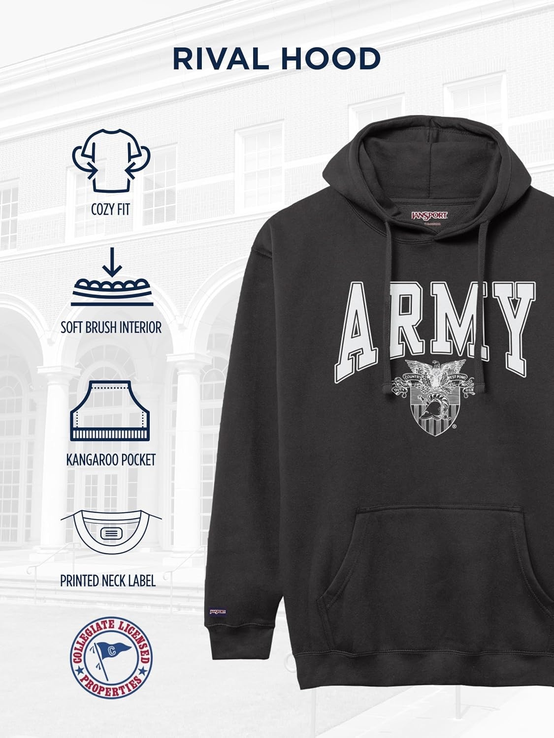 image:imageJanSport NCAA Officially Licensed Rival Hoodie Long Sleeve Unisex Sweatshirt CottonPolyester Blend DoubleLayered HoodArmy Black Knights