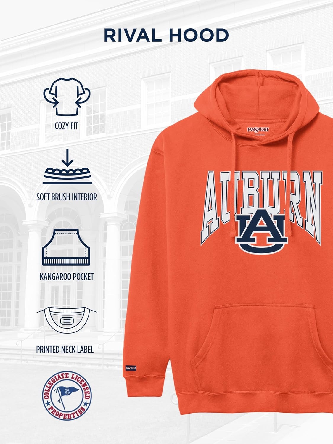 image:imageJanSport NCAA Officially Licensed Rival Hoodie Long Sleeve Unisex Sweatshirt CottonPolyester Blend DoubleLayered HoodAuburn Tigers