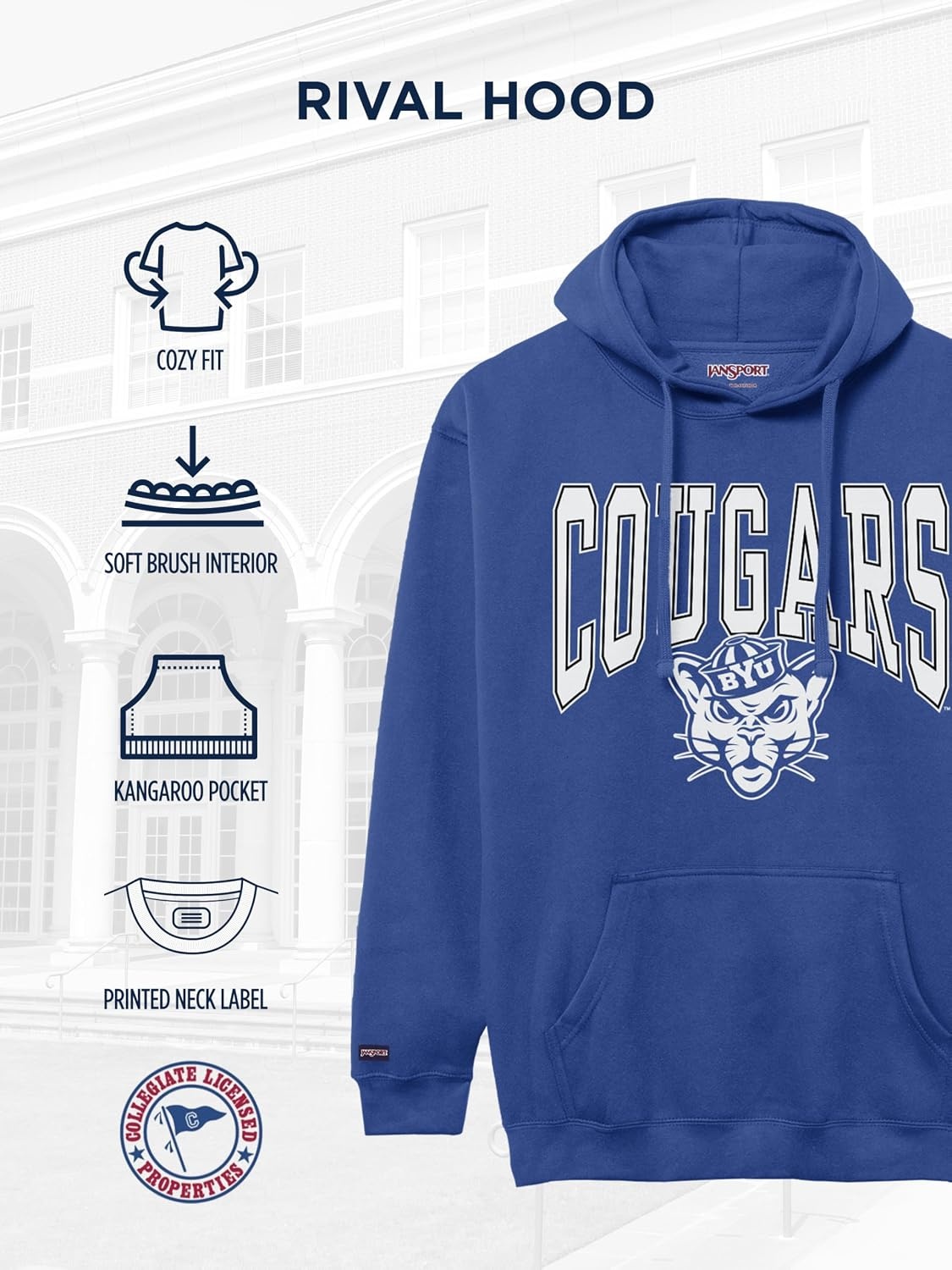 image:imageJanSport NCAA Officially Licensed Rival Hoodie Long Sleeve Unisex Sweatshirt CottonPolyester Blend DoubleLayered HoodByu Cougars