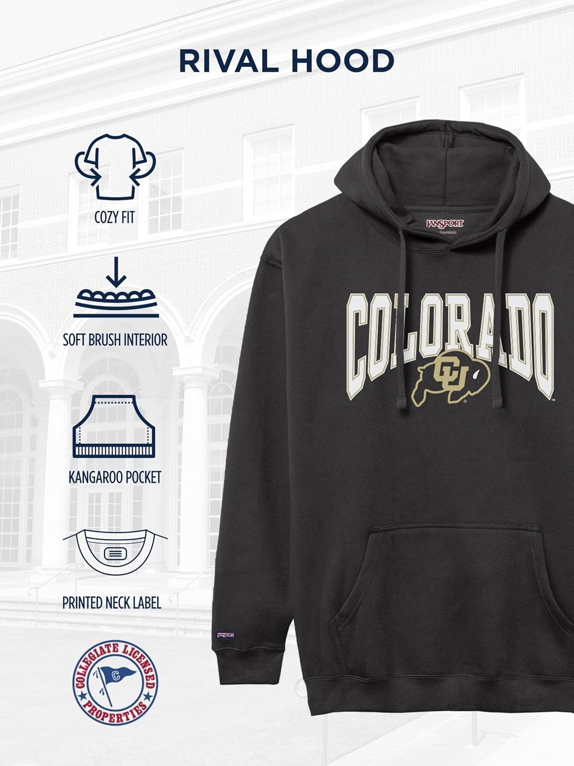 image:imageJanSport NCAA Officially Licensed Rival Hoodie Long Sleeve Unisex Sweatshirt CottonPolyester Blend DoubleLayered HoodColorado Buffaloes