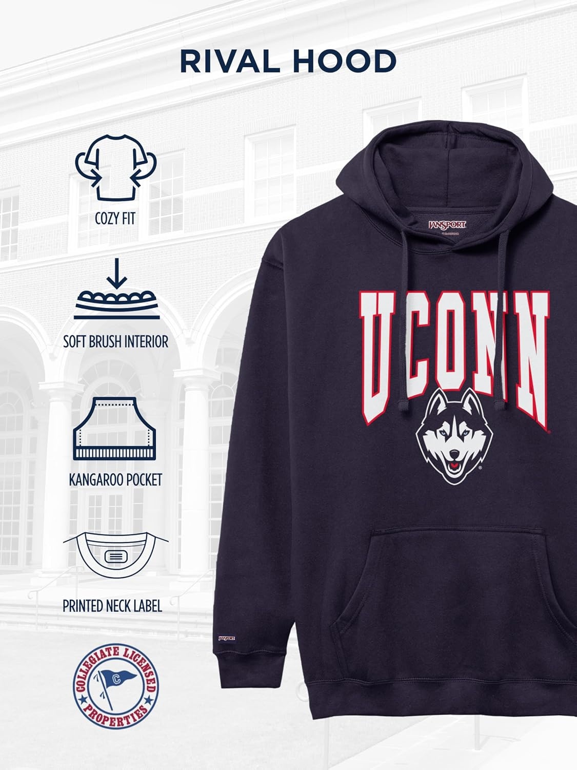 image:imageJanSport NCAA Officially Licensed Rival Hoodie Long Sleeve Unisex Sweatshirt CottonPolyester Blend DoubleLayered HoodConnecticut Huskies