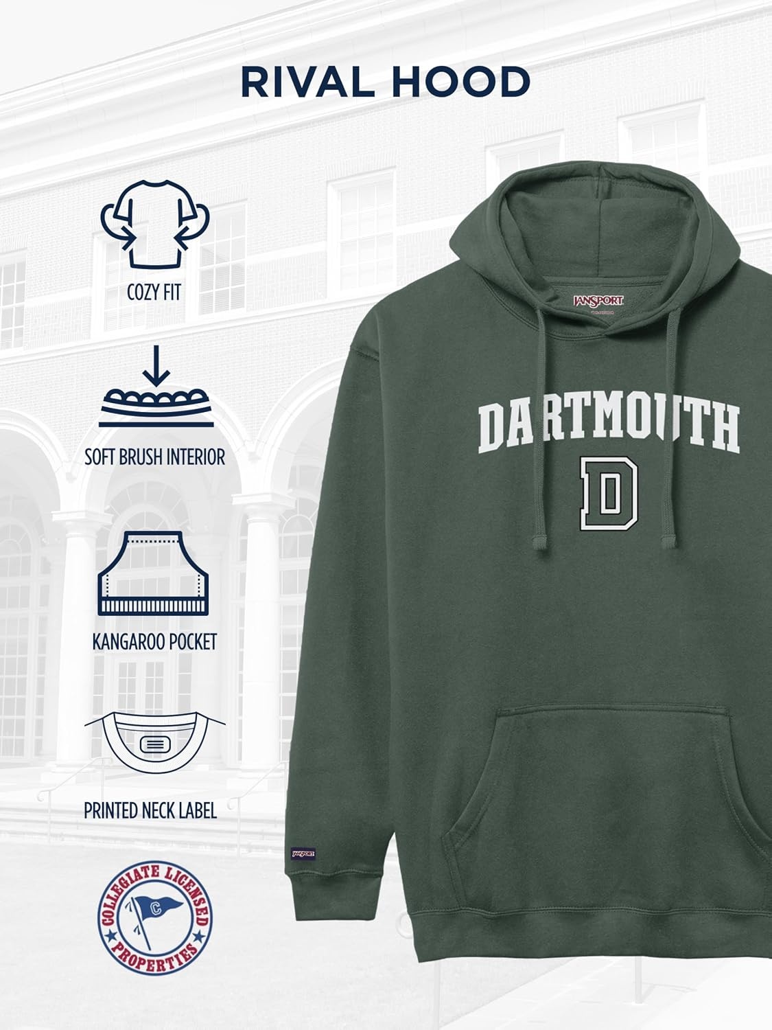 image:imageJanSport NCAA Officially Licensed Rival Hoodie Long Sleeve Unisex Sweatshirt CottonPolyester Blend DoubleLayered HoodDartmouth Big Green