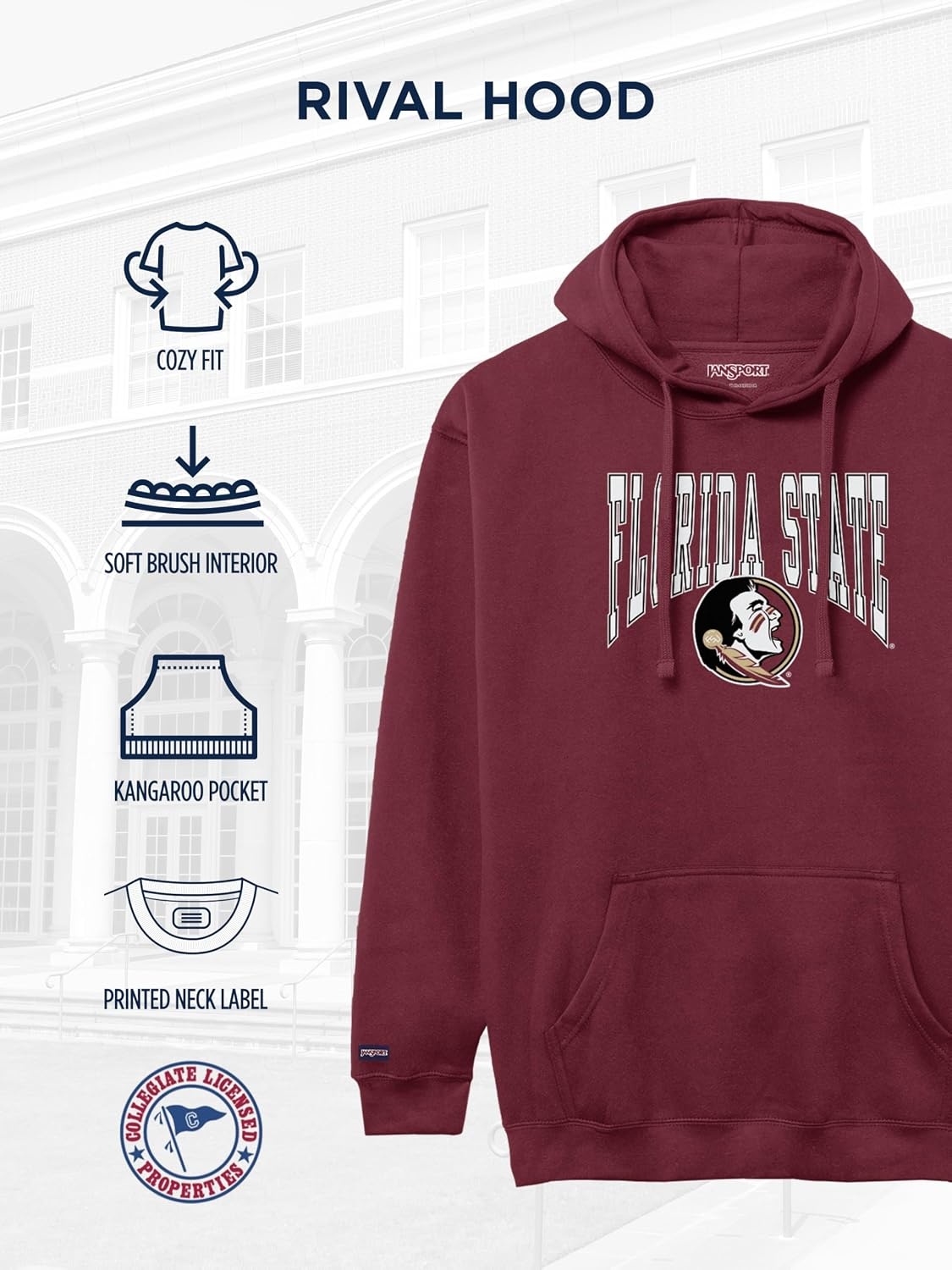 image:imageJanSport NCAA Officially Licensed Rival Hoodie Long Sleeve Unisex Sweatshirt CottonPolyester Blend DoubleLayered HoodFlorida State Seminoles