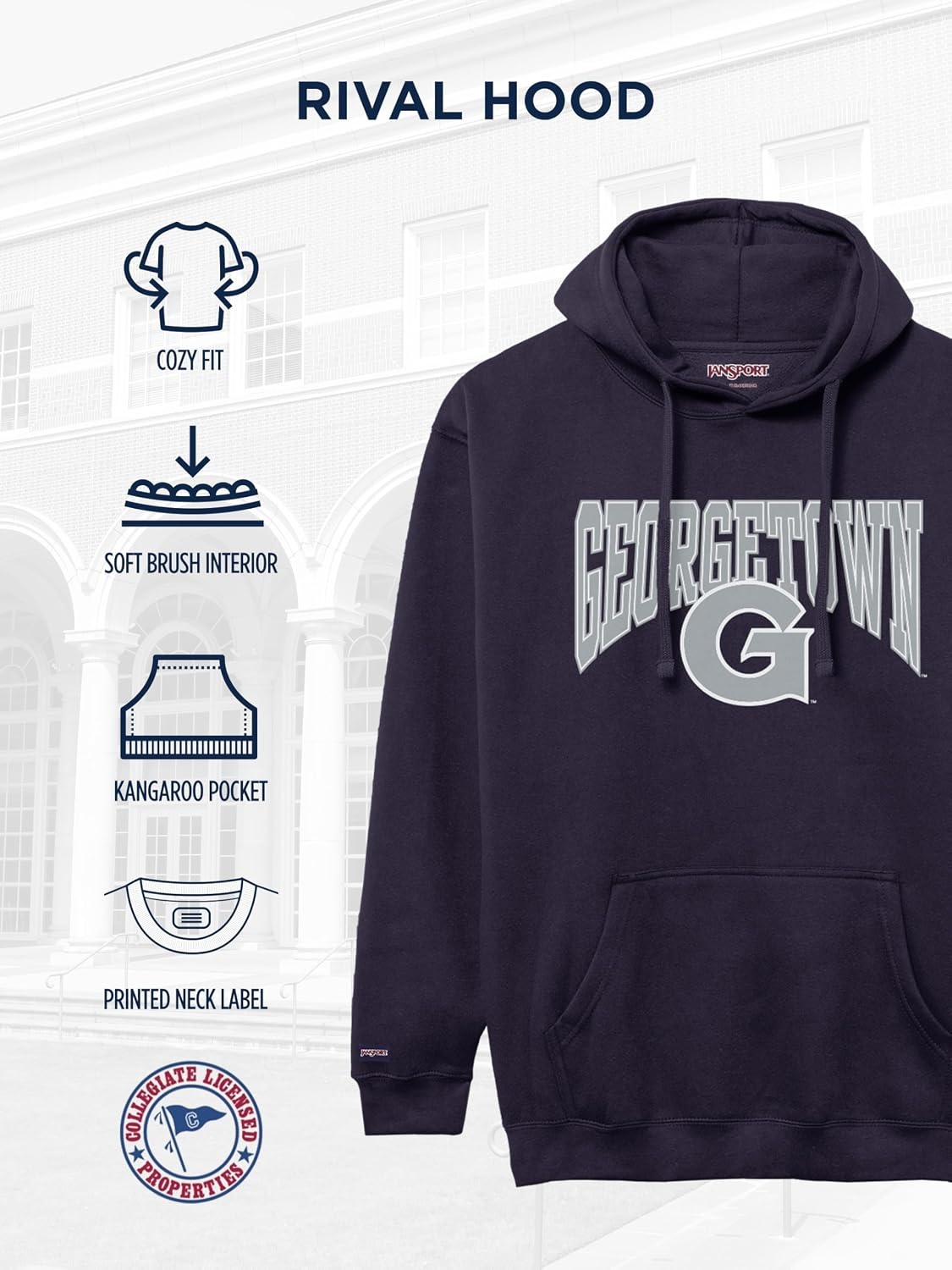 image:imageJanSport NCAA Officially Licensed Rival Hoodie Long Sleeve Unisex Sweatshirt CottonPolyester Blend DoubleLayered HoodGeorgetown Hoyas
