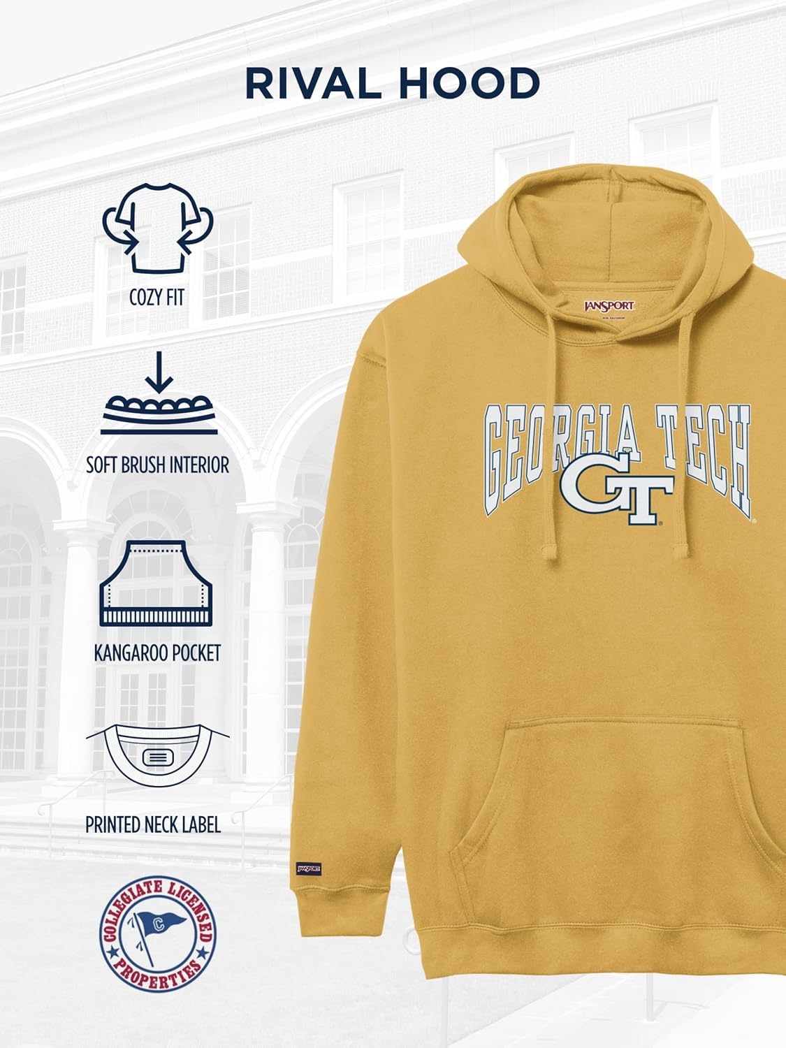 image:imageJanSport NCAA Officially Licensed Rival Hoodie Long Sleeve Unisex Sweatshirt CottonPolyester Blend DoubleLayered HoodGeorgia Tech Yellow Jackets