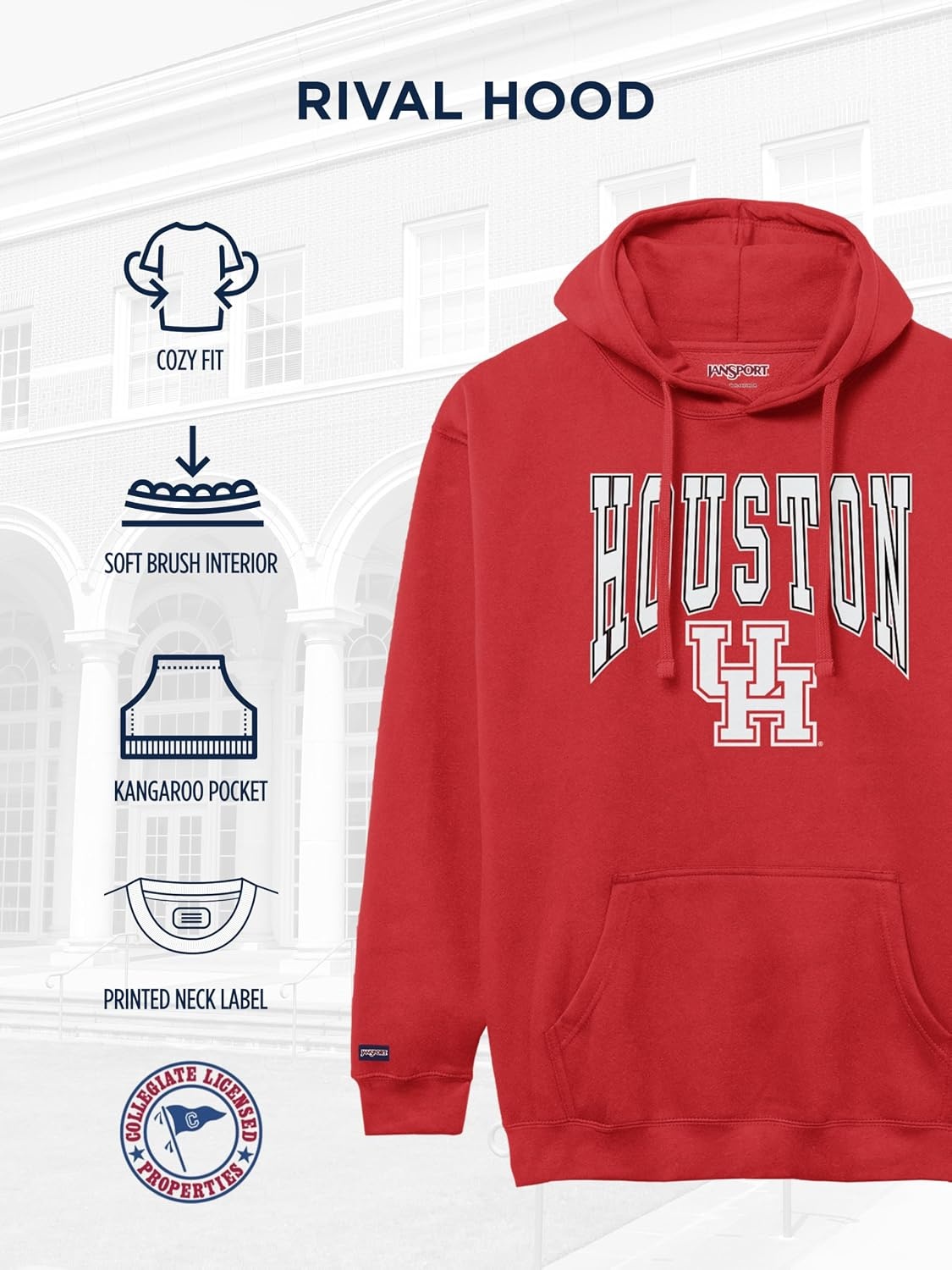 image:imageJanSport NCAA Officially Licensed Rival Hoodie Long Sleeve Unisex Sweatshirt CottonPolyester Blend DoubleLayered HoodHouston Cougars