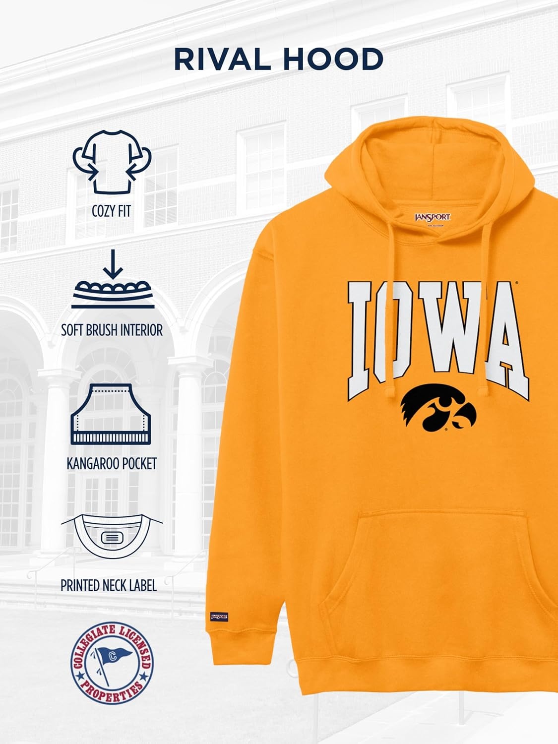 image:imageJanSport NCAA Officially Licensed Rival Hoodie Long Sleeve Unisex Sweatshirt CottonPolyester Blend DoubleLayered HoodIowa Hawkeyes