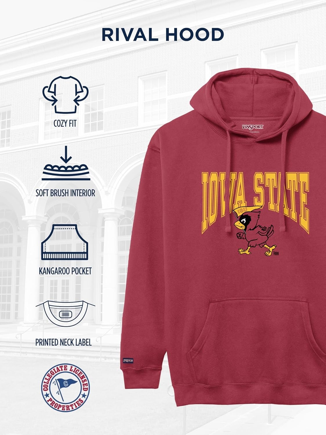 image:imageJanSport NCAA Officially Licensed Rival Hoodie Long Sleeve Unisex Sweatshirt CottonPolyester Blend DoubleLayered HoodIowa State Cyclones
