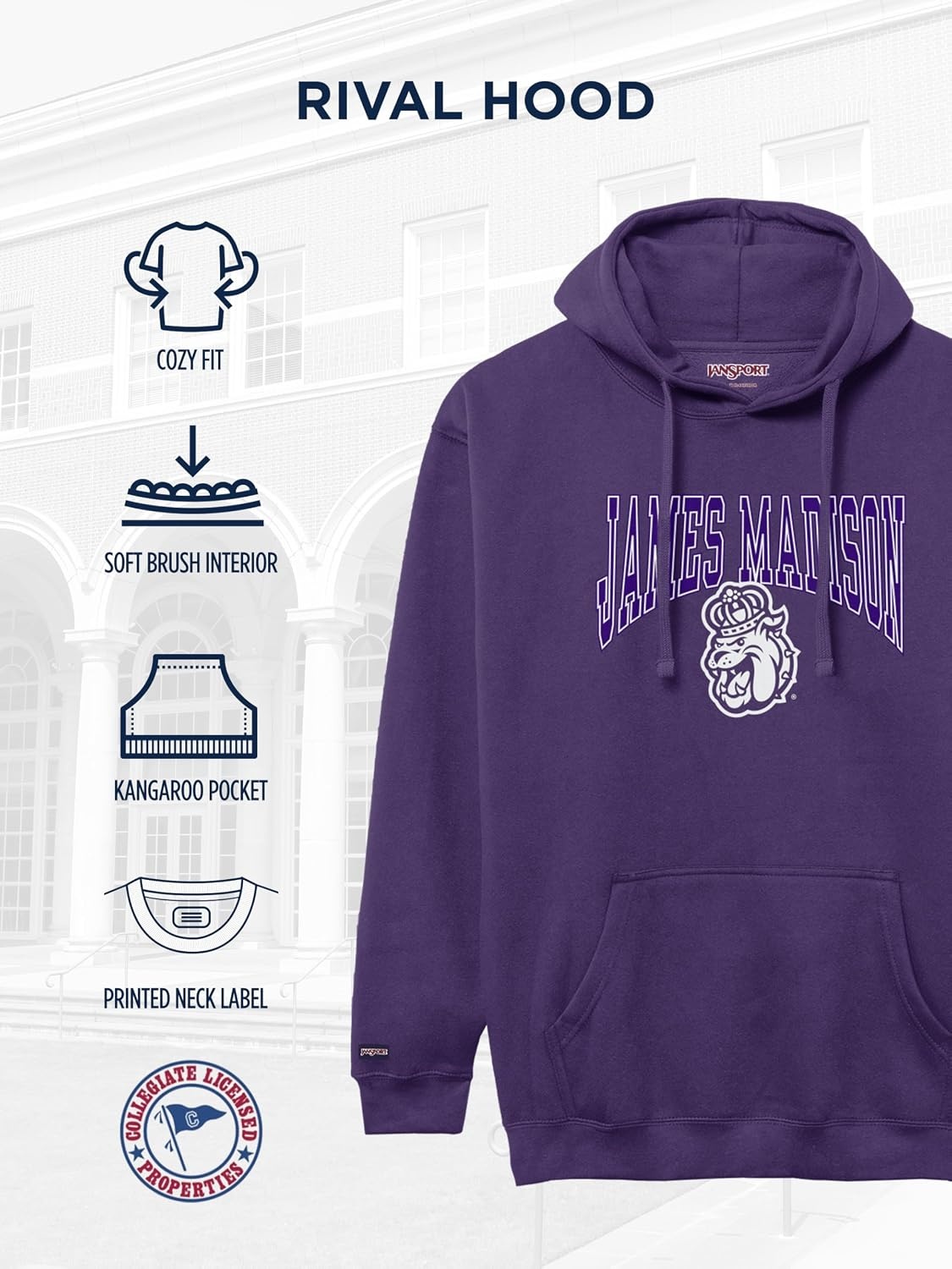 image:imageJanSport NCAA Officially Licensed Rival Hoodie Long Sleeve Unisex Sweatshirt CottonPolyester Blend DoubleLayered HoodJames Madison Dukes