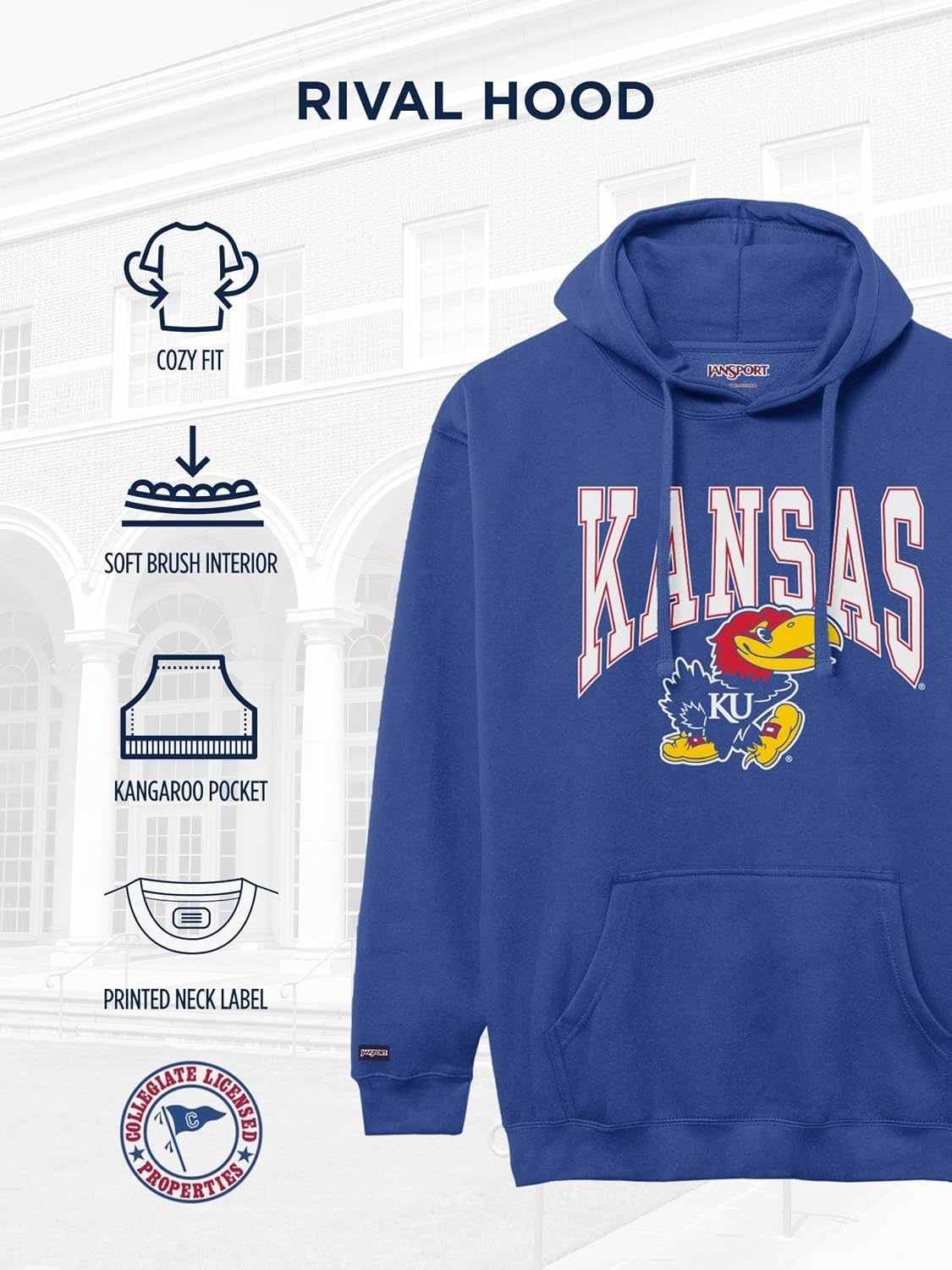 image:imageJanSport NCAA Officially Licensed Rival Hoodie Long Sleeve Unisex Sweatshirt CottonPolyester Blend DoubleLayered HoodKansas Jayhawks