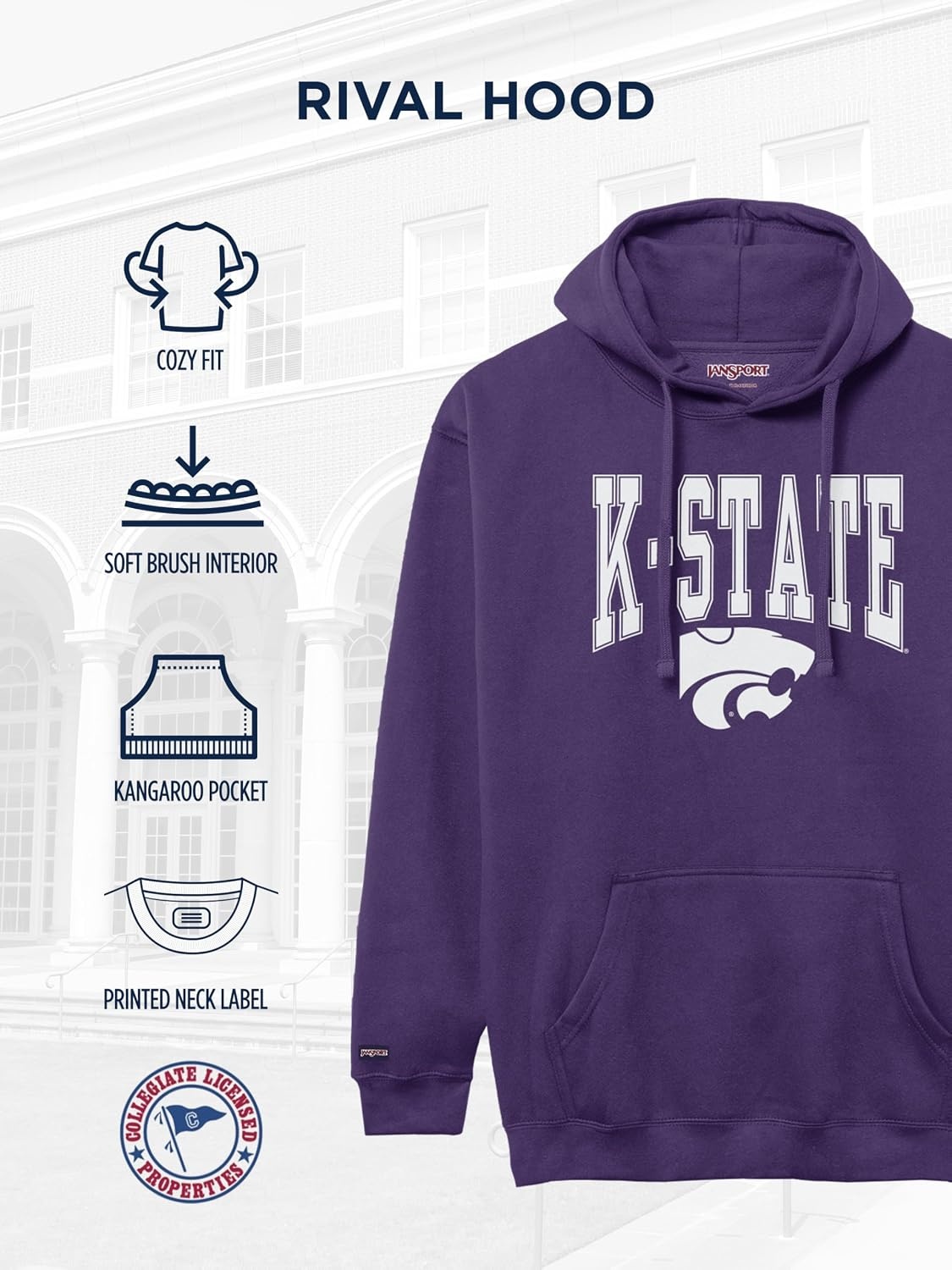 image:imageJanSport NCAA Officially Licensed Rival Hoodie Long Sleeve Unisex Sweatshirt CottonPolyester Blend DoubleLayered HoodKansas State Wildcats