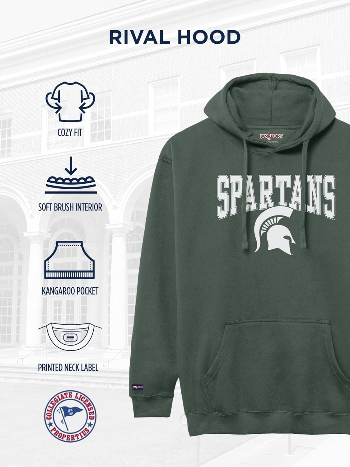 image:imageJanSport NCAA Officially Licensed Rival Hoodie Long Sleeve Unisex Sweatshirt CottonPolyester Blend DoubleLayered HoodMichigan State Spartans