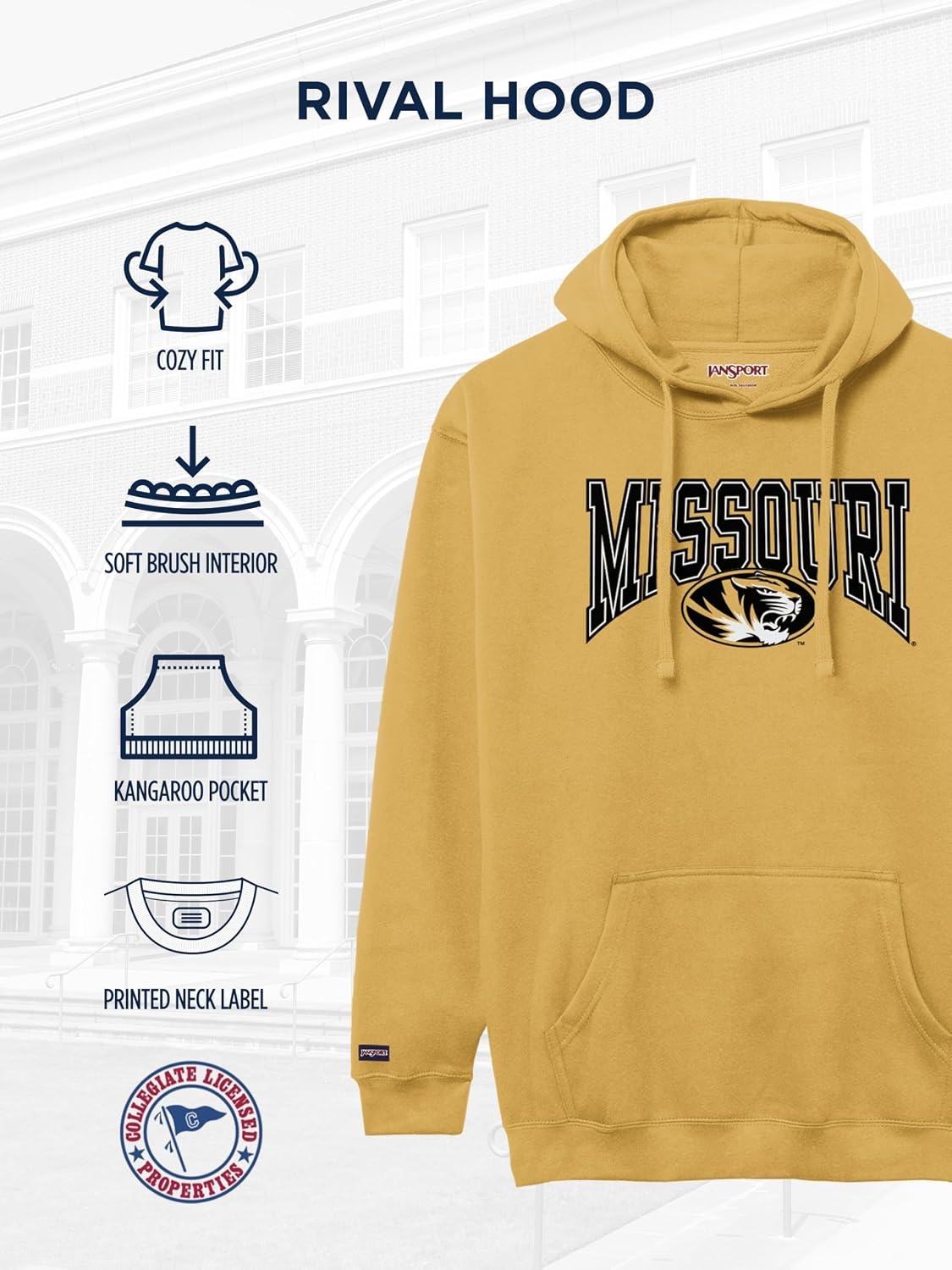image:imageJanSport NCAA Officially Licensed Rival Hoodie Long Sleeve Unisex Sweatshirt CottonPolyester Blend DoubleLayered HoodMissouri Tigers