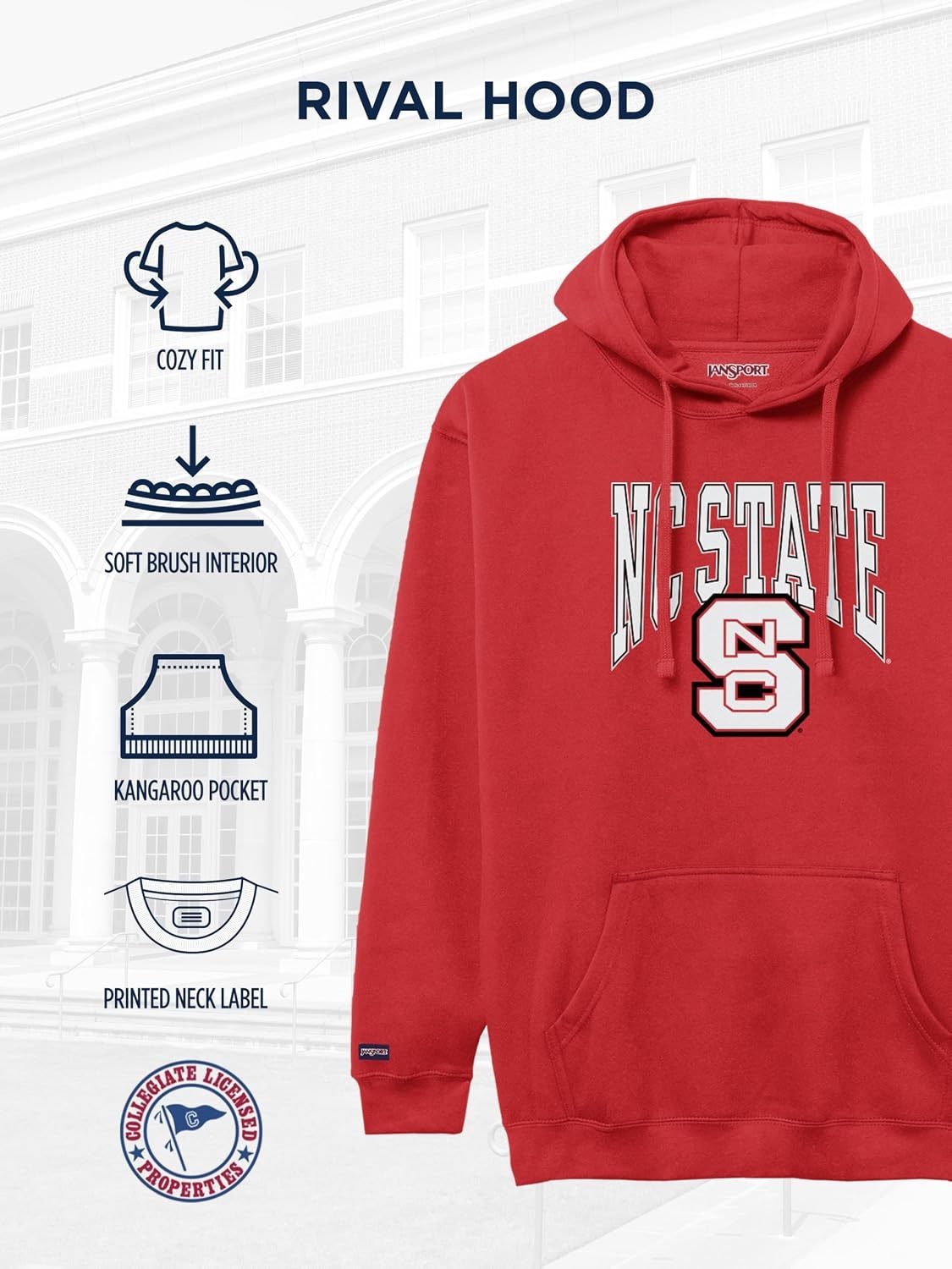 image:imageJanSport NCAA Officially Licensed Rival Hoodie Long Sleeve Unisex Sweatshirt CottonPolyester Blend DoubleLayered HoodNorth Carolina State Wolfpack