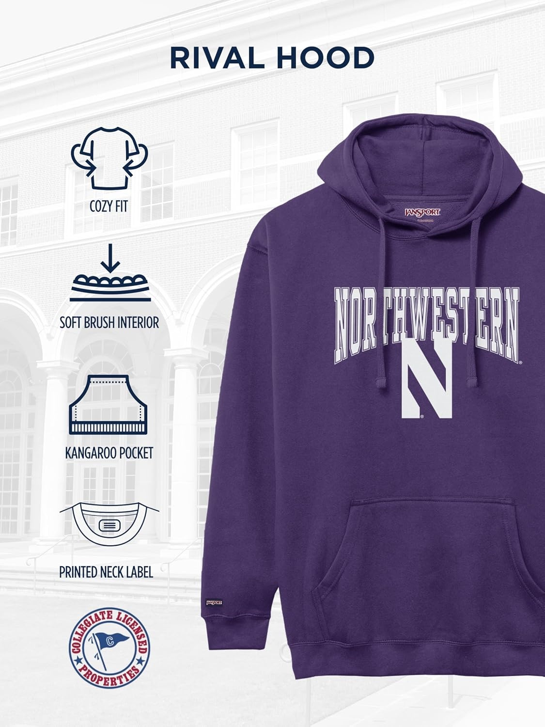 image:imageJanSport NCAA Officially Licensed Rival Hoodie Long Sleeve Unisex Sweatshirt CottonPolyester Blend DoubleLayered HoodNorthwestern Wildcats