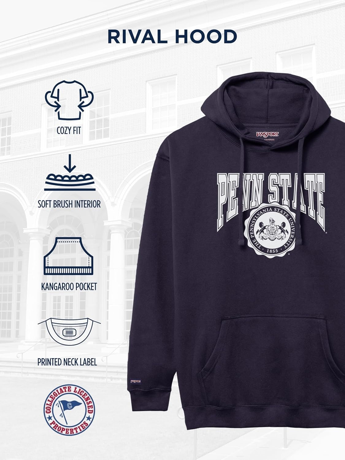 image:imageJanSport NCAA Officially Licensed Rival Hoodie Long Sleeve Unisex Sweatshirt CottonPolyester Blend DoubleLayered HoodPenn State Nittany Lions