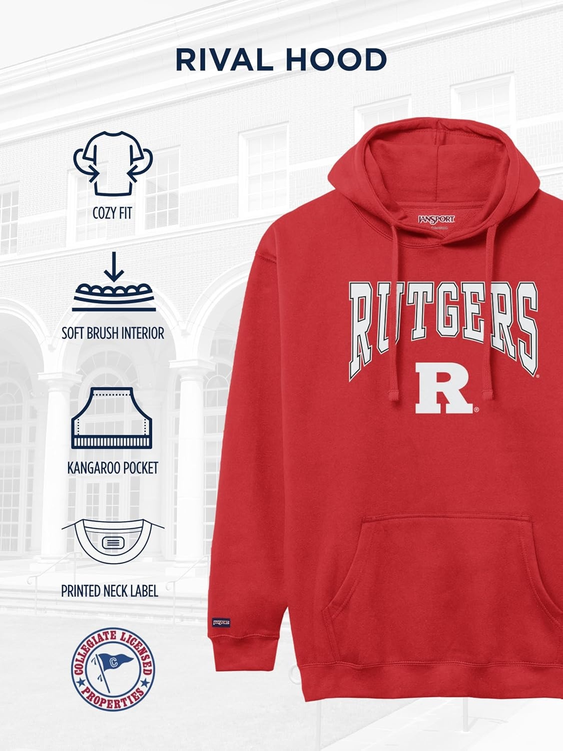 image:imageJanSport NCAA Officially Licensed Rival Hoodie Long Sleeve Unisex Sweatshirt CottonPolyester Blend DoubleLayered HoodRutgers Scarlet Knights