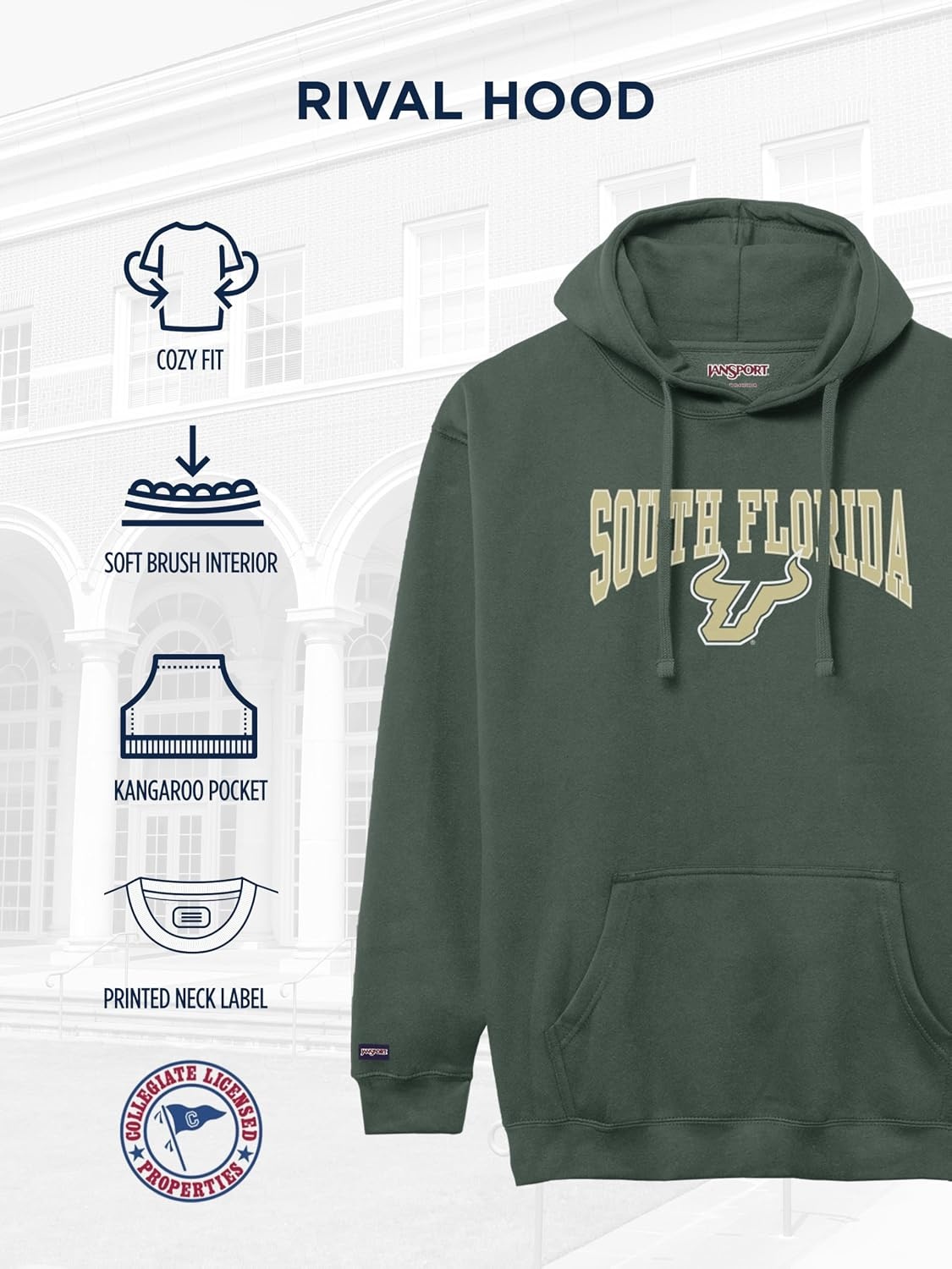 image:imageJanSport NCAA Officially Licensed Rival Hoodie Long Sleeve Unisex Sweatshirt CottonPolyester Blend DoubleLayered HoodSouth Florida Bulls