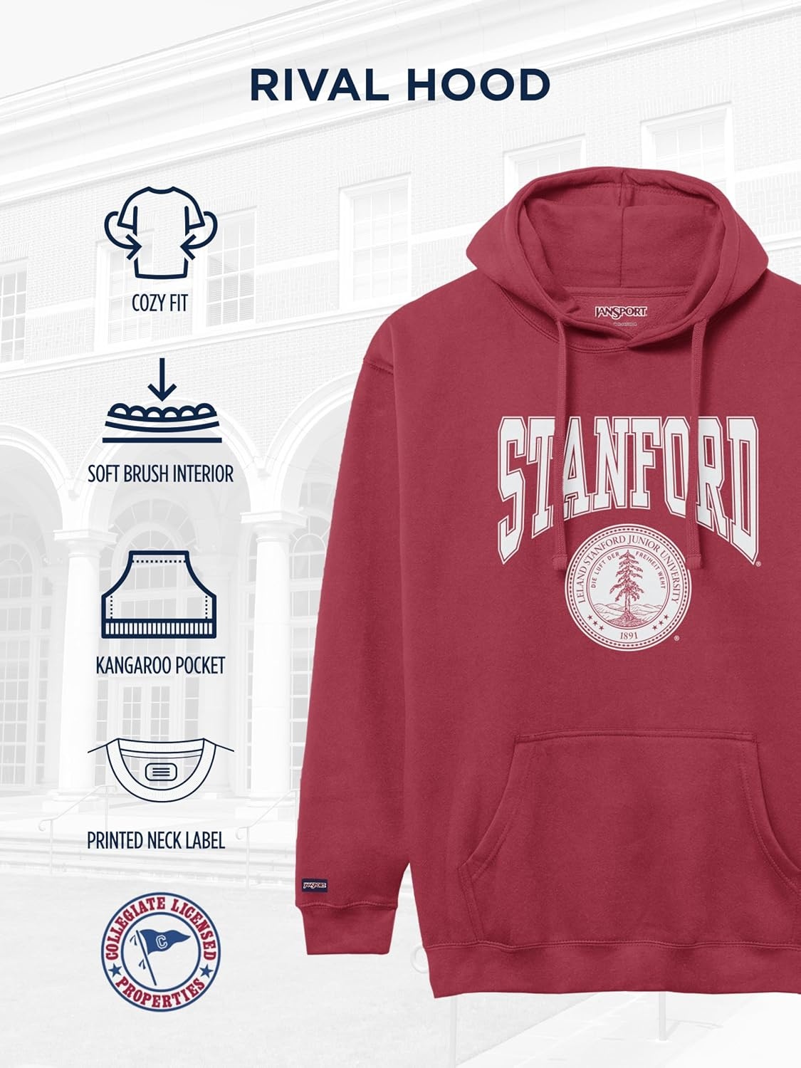 image:imageJanSport NCAA Officially Licensed Rival Hoodie Long Sleeve Unisex Sweatshirt CottonPolyester Blend DoubleLayered HoodStanford Cardinal