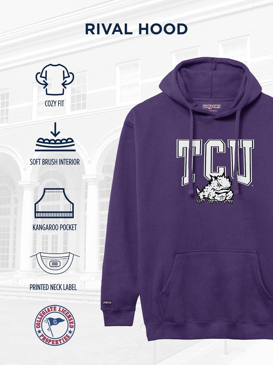 image:imageJanSport NCAA Officially Licensed Rival Hoodie Long Sleeve Unisex Sweatshirt CottonPolyester Blend DoubleLayered HoodTcu Horned Frogs