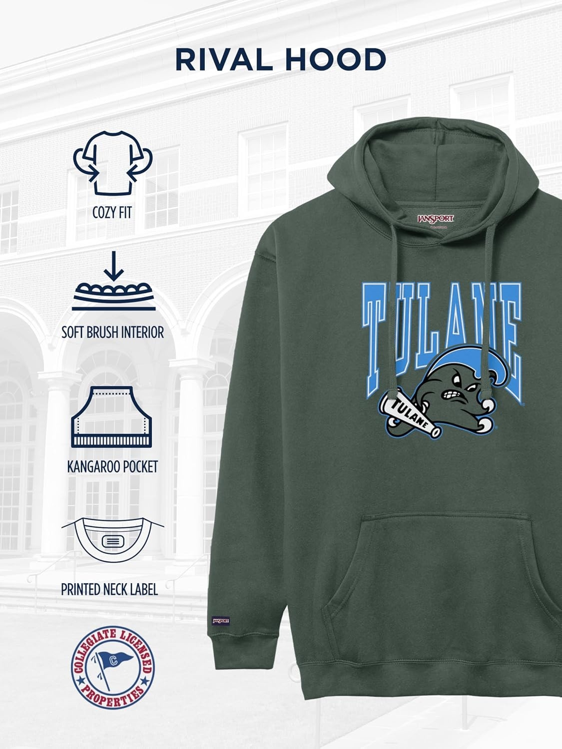 image:imageJanSport NCAA Officially Licensed Rival Hoodie Long Sleeve Unisex Sweatshirt CottonPolyester Blend DoubleLayered HoodTulane Green Wave