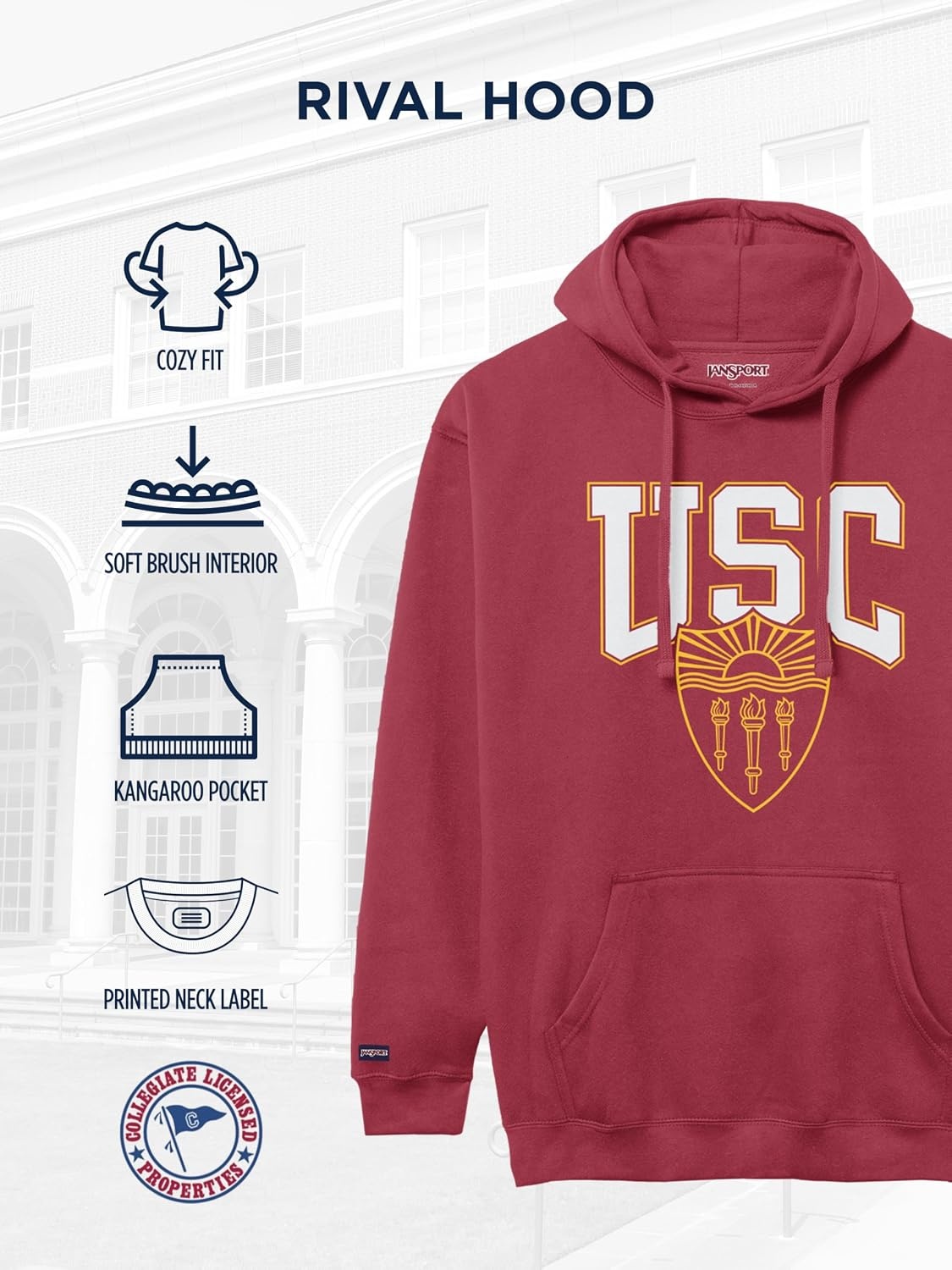 image:imageJanSport NCAA Officially Licensed Rival Hoodie Long Sleeve Unisex Sweatshirt CottonPolyester Blend DoubleLayered HoodUsc Trojans