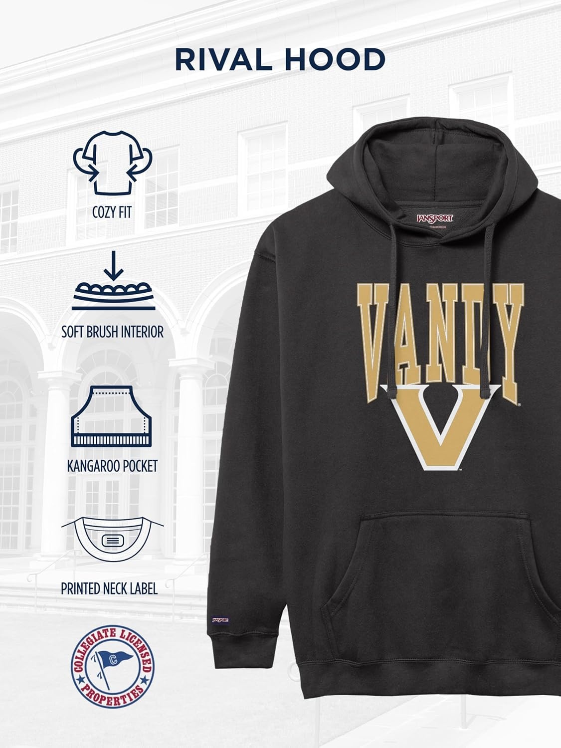 image:imageJanSport NCAA Officially Licensed Rival Hoodie Long Sleeve Unisex Sweatshirt CottonPolyester Blend DoubleLayered HoodVanderbilt Commodores