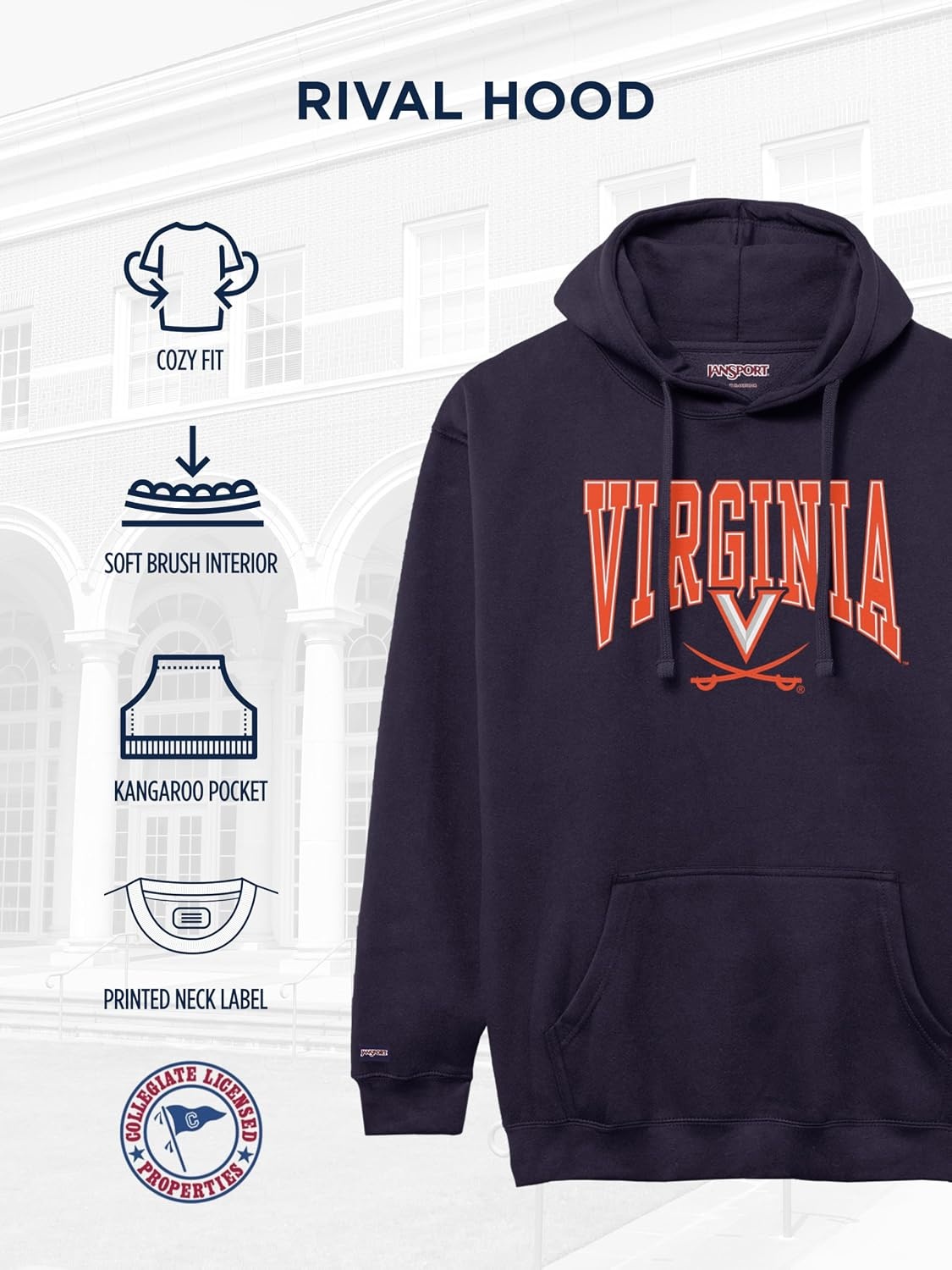 image:imageJanSport NCAA Officially Licensed Rival Hoodie Long Sleeve Unisex Sweatshirt CottonPolyester Blend DoubleLayered HoodVirginia Cavaliers