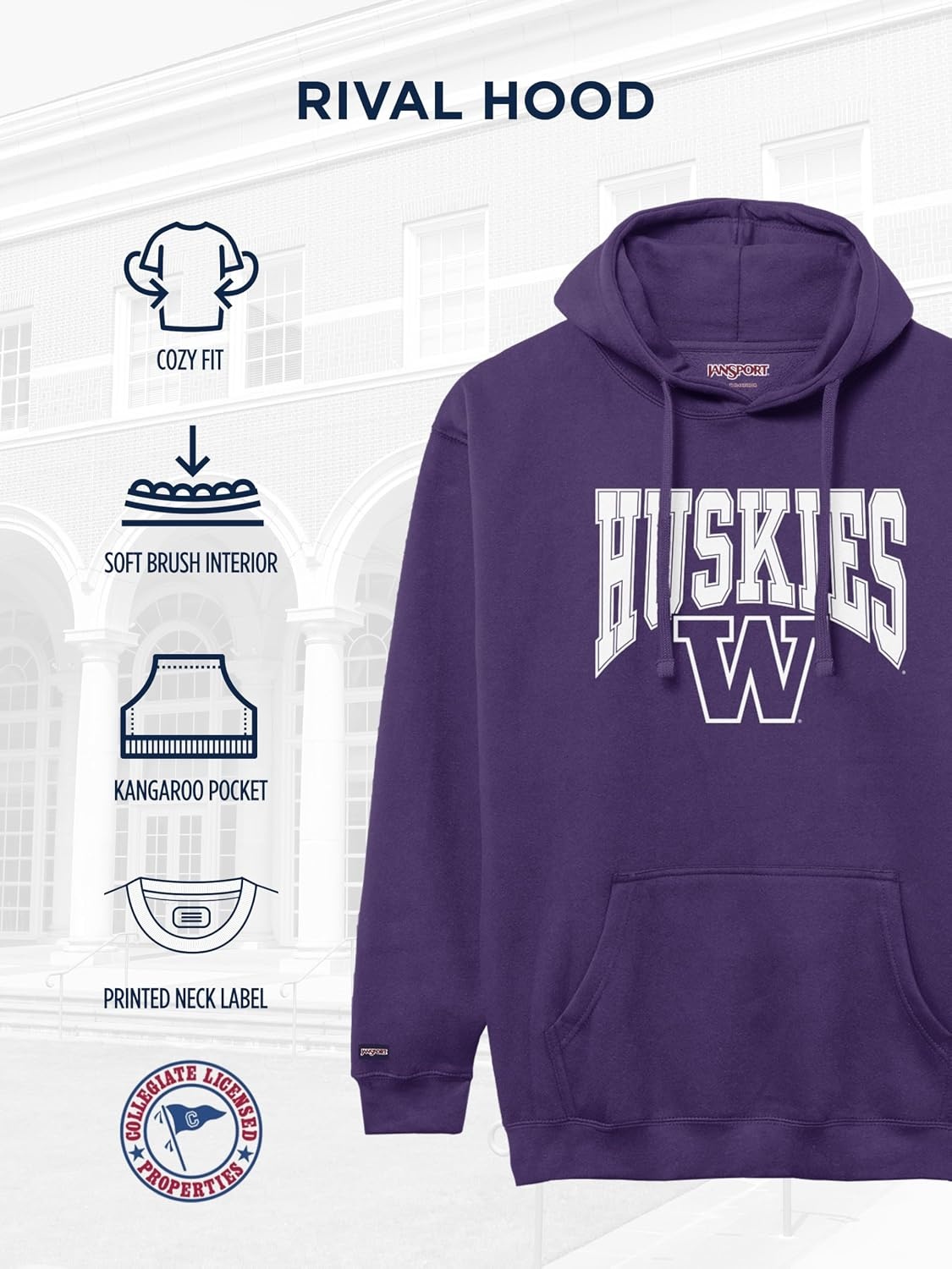 image:imageJanSport NCAA Officially Licensed Rival Hoodie Long Sleeve Unisex Sweatshirt CottonPolyester Blend DoubleLayered HoodWashington Huskies