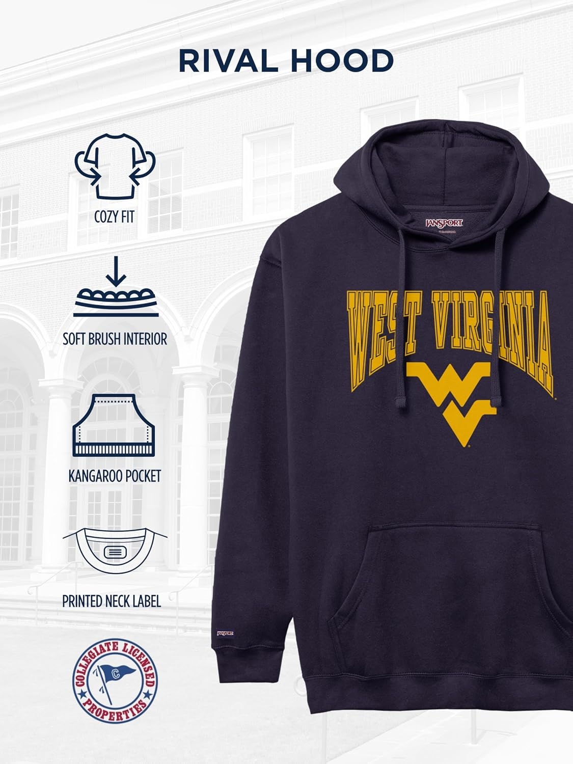 image:imageJanSport NCAA Officially Licensed Rival Hoodie Long Sleeve Unisex Sweatshirt CottonPolyester Blend DoubleLayered HoodWest Virginia Mountaineers