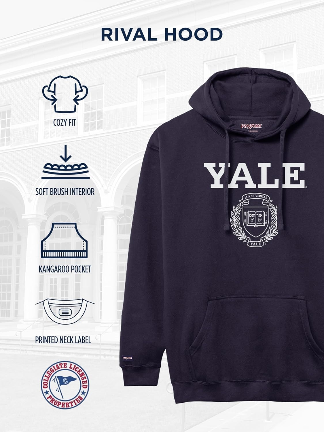 image:imageJanSport NCAA Officially Licensed Rival Hoodie Long Sleeve Unisex Sweatshirt CottonPolyester Blend DoubleLayered HoodYale Bulldogs