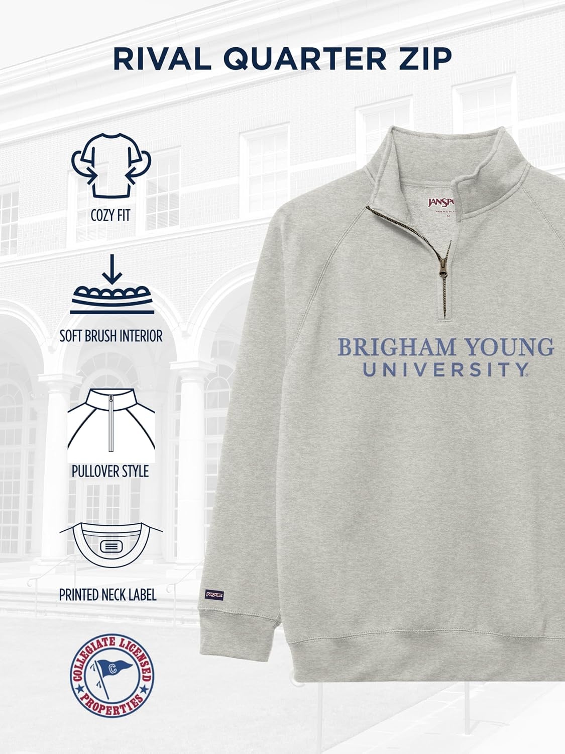 image:imageJanSport NCAA Officially Licensed Rival Quarter Zip Sweatshirt Long Sleeve Unisex CottonPolyester Blend StandUp CollarBYU Cougars