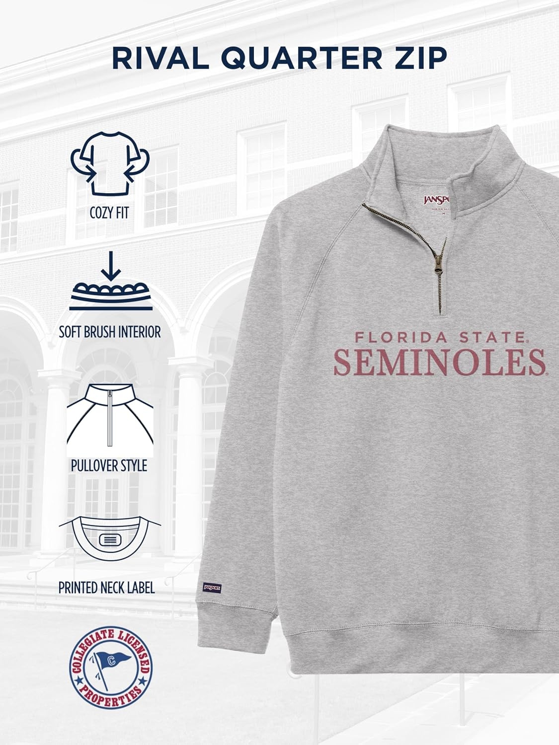 image:imageJanSport NCAA Officially Licensed Rival Quarter Zip Sweatshirt Long Sleeve Unisex CottonPolyester Blend StandUp CollarFlorida State Seminoles