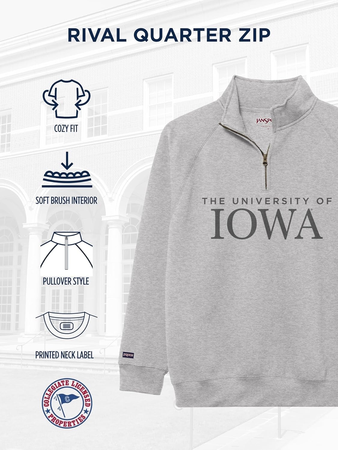 image:imageJanSport NCAA Officially Licensed Rival Quarter Zip Sweatshirt Long Sleeve Unisex CottonPolyester Blend StandUp CollarIowa Hawkeyes