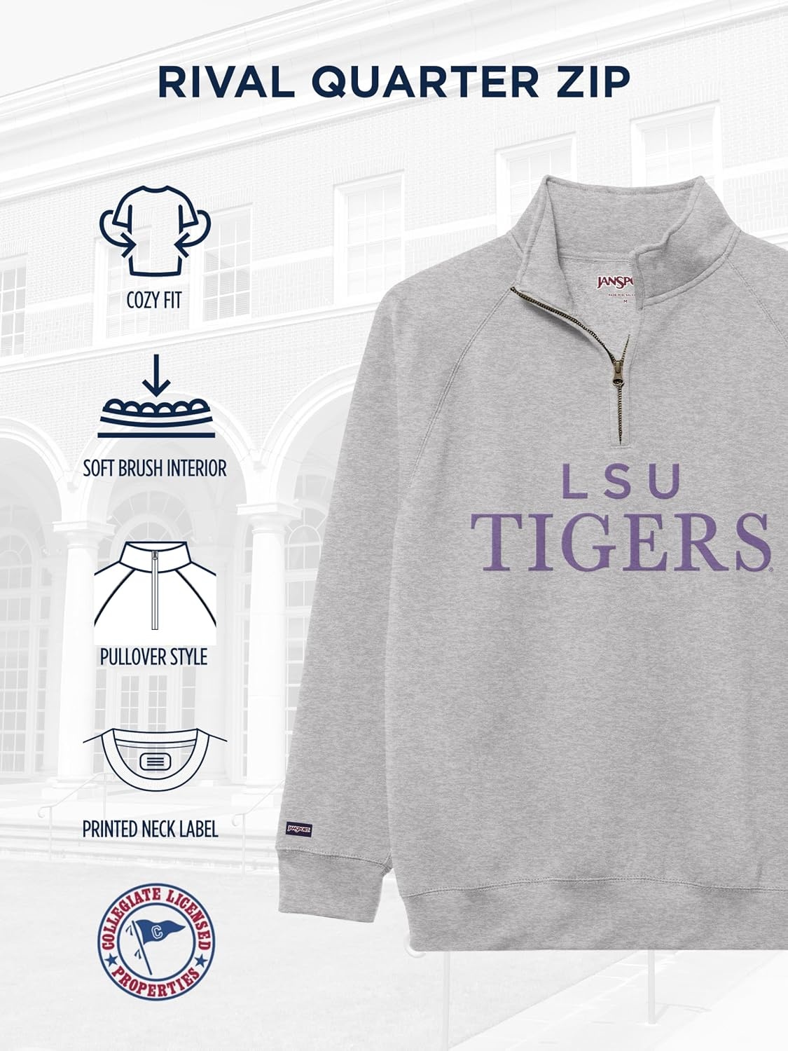 image:imageJanSport NCAA Officially Licensed Rival Quarter Zip Sweatshirt Long Sleeve Unisex CottonPolyester Blend StandUp CollarLSU Tigers