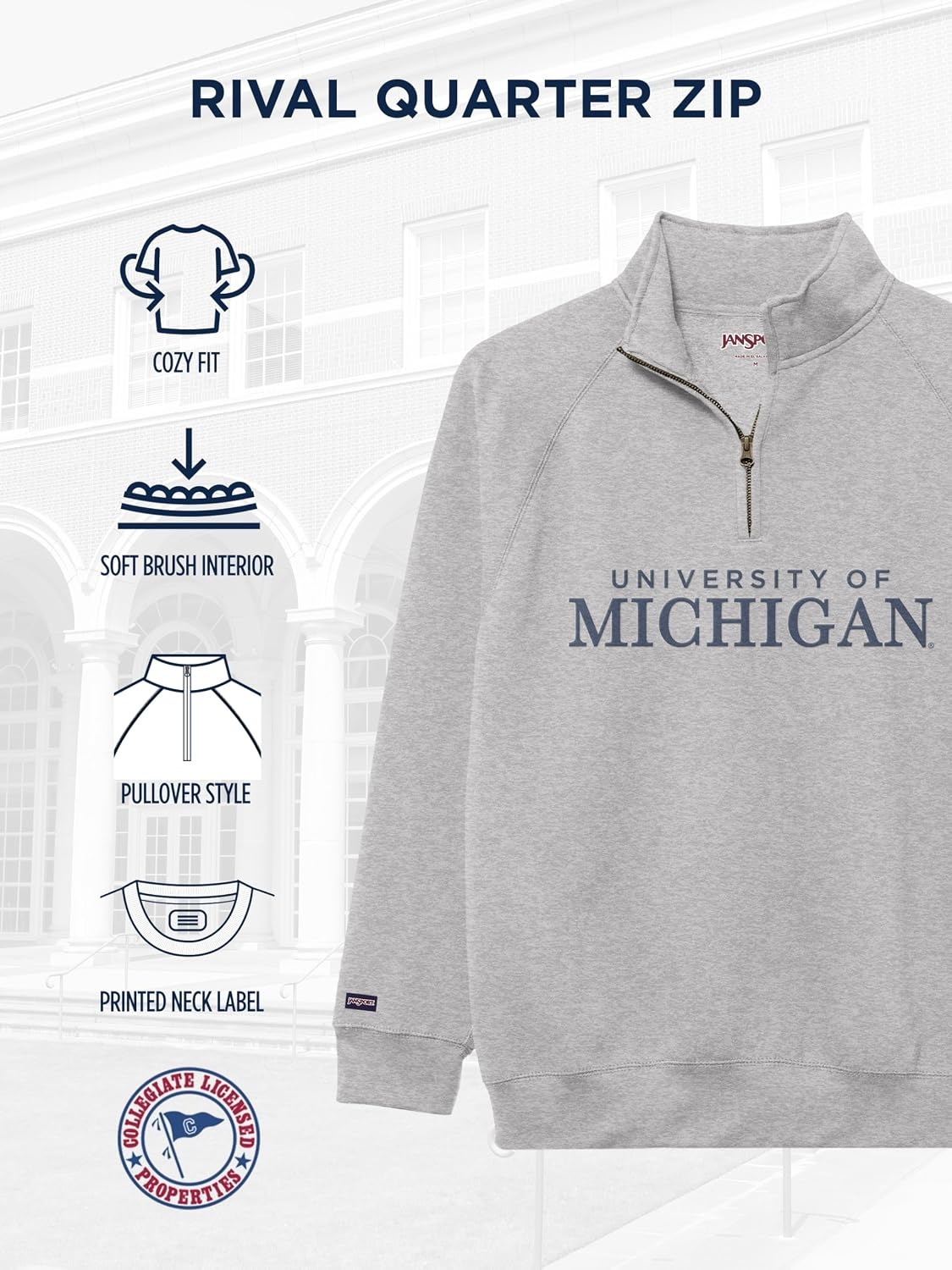image:imageJanSport NCAA Officially Licensed Rival Quarter Zip Sweatshirt Long Sleeve Unisex CottonPolyester Blend StandUp CollarMichigan Wolverines