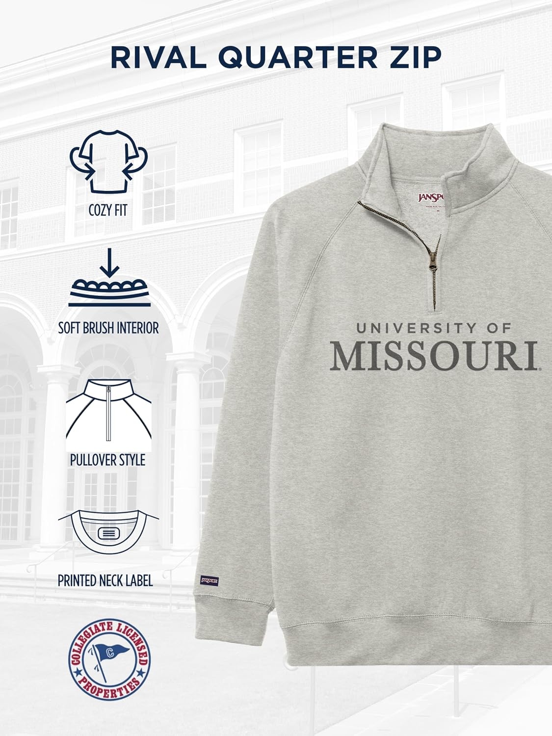 image:imageJanSport NCAA Officially Licensed Rival Quarter Zip Sweatshirt Long Sleeve Unisex CottonPolyester Blend StandUp CollarMissouri Tigers