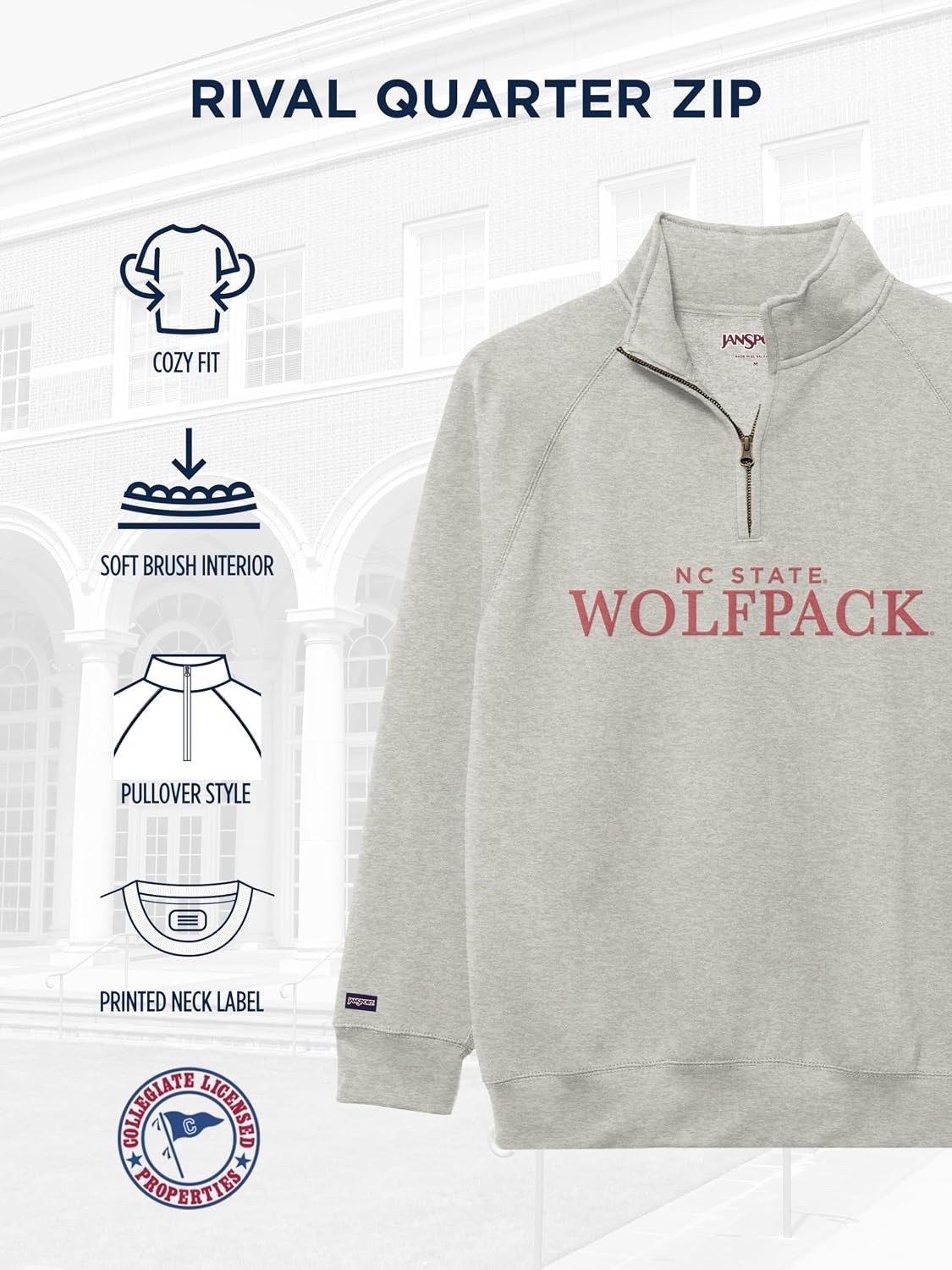 image:imageJanSport NCAA Officially Licensed Rival Quarter Zip Sweatshirt Long Sleeve Unisex CottonPolyester Blend StandUp CollarNorth Carolina State Wolfpack